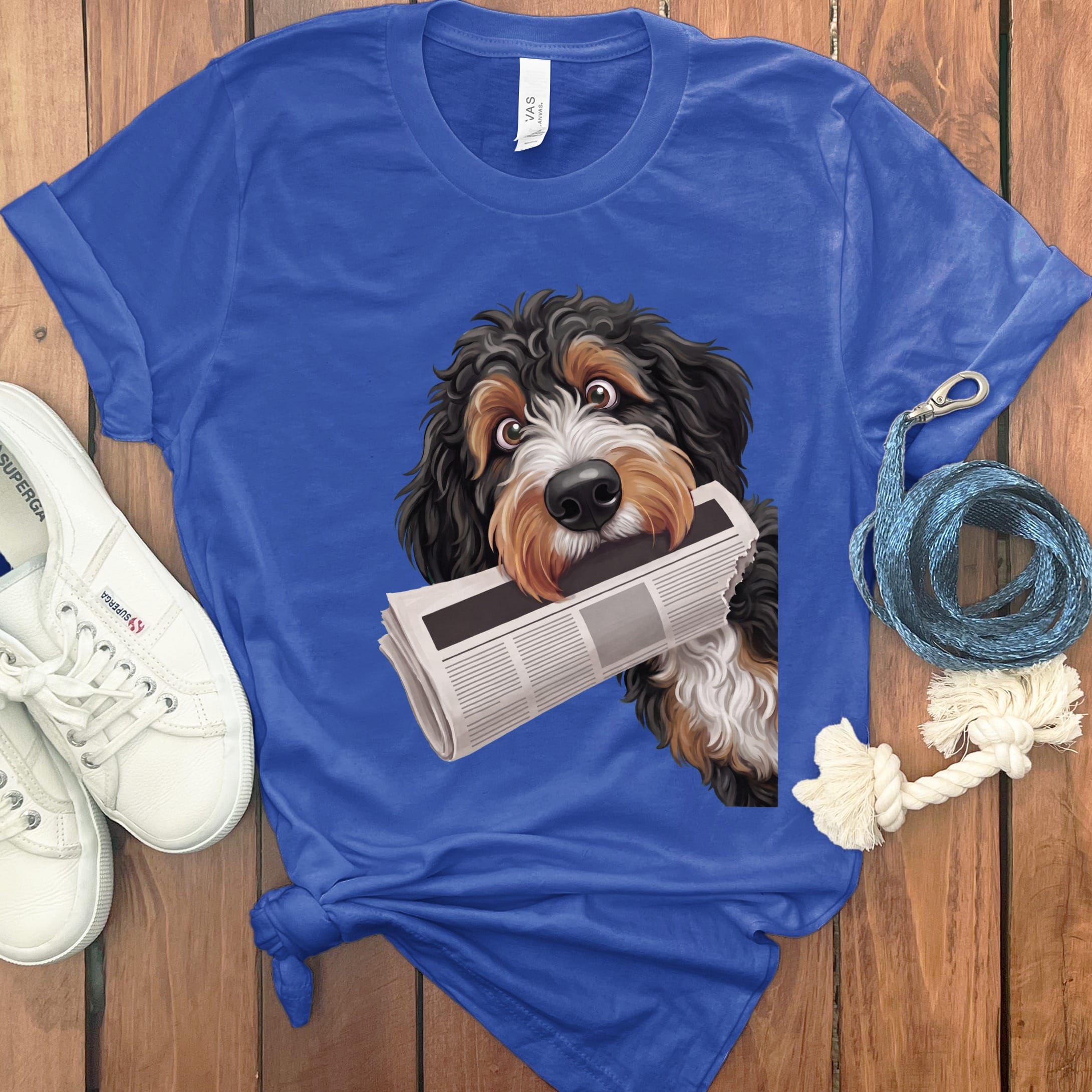 Bernedoodle Newspaper T-Shirt in True Royal / S by Puppy Jo