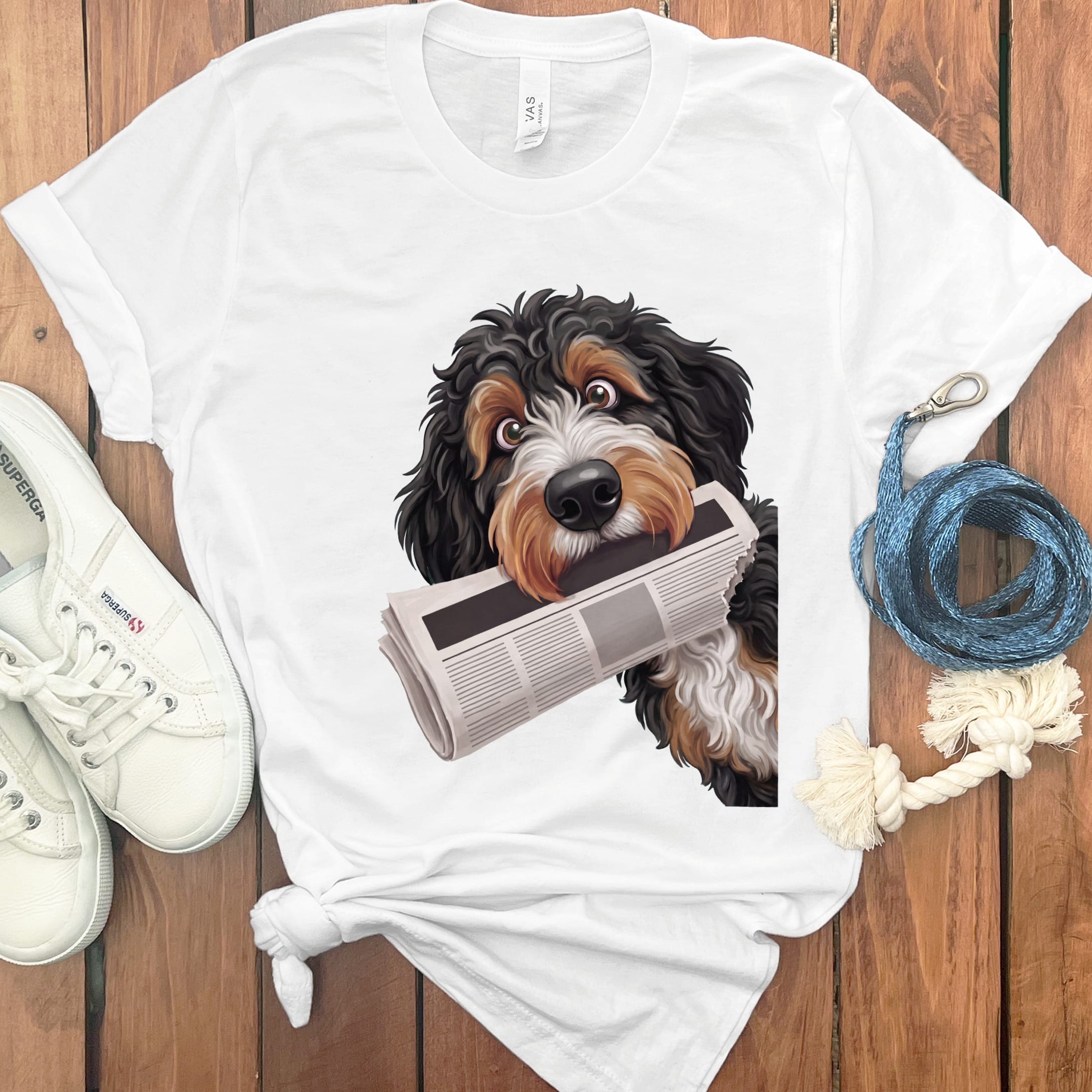 Bernedoodle Newspaper T-Shirt in White / S by Puppy Jo