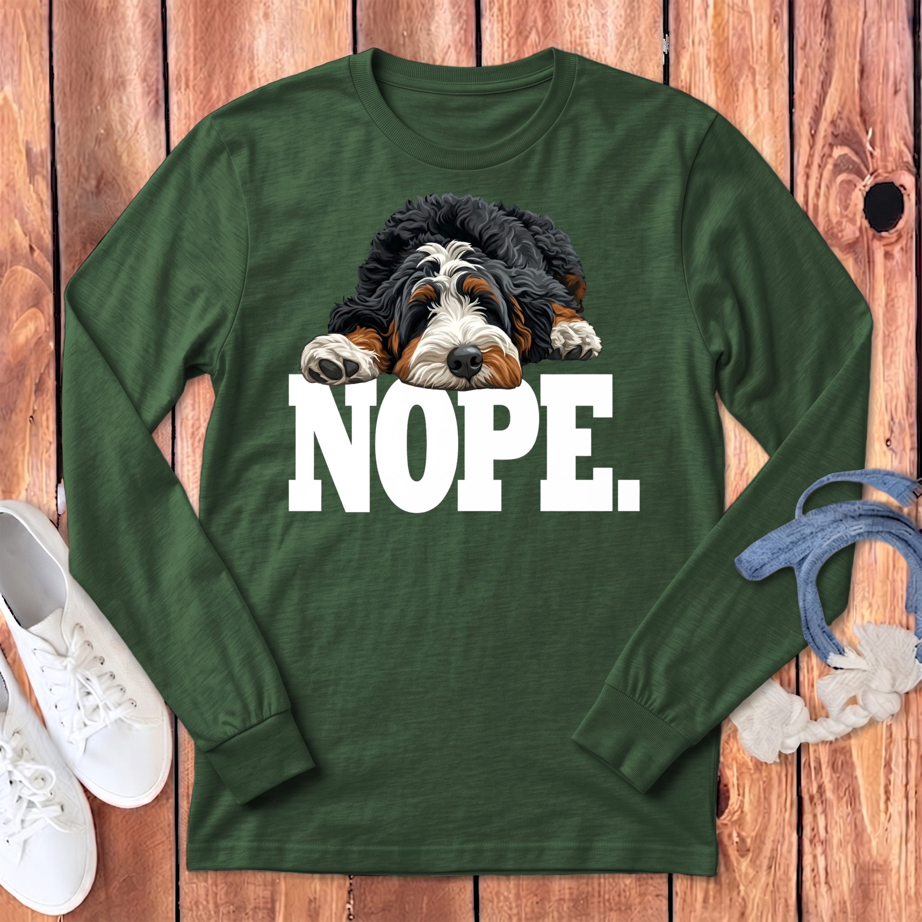 Bernedoodle Nope Signature Long Sleeve T-Shirt in Heather Forest / S by Puppy Jo