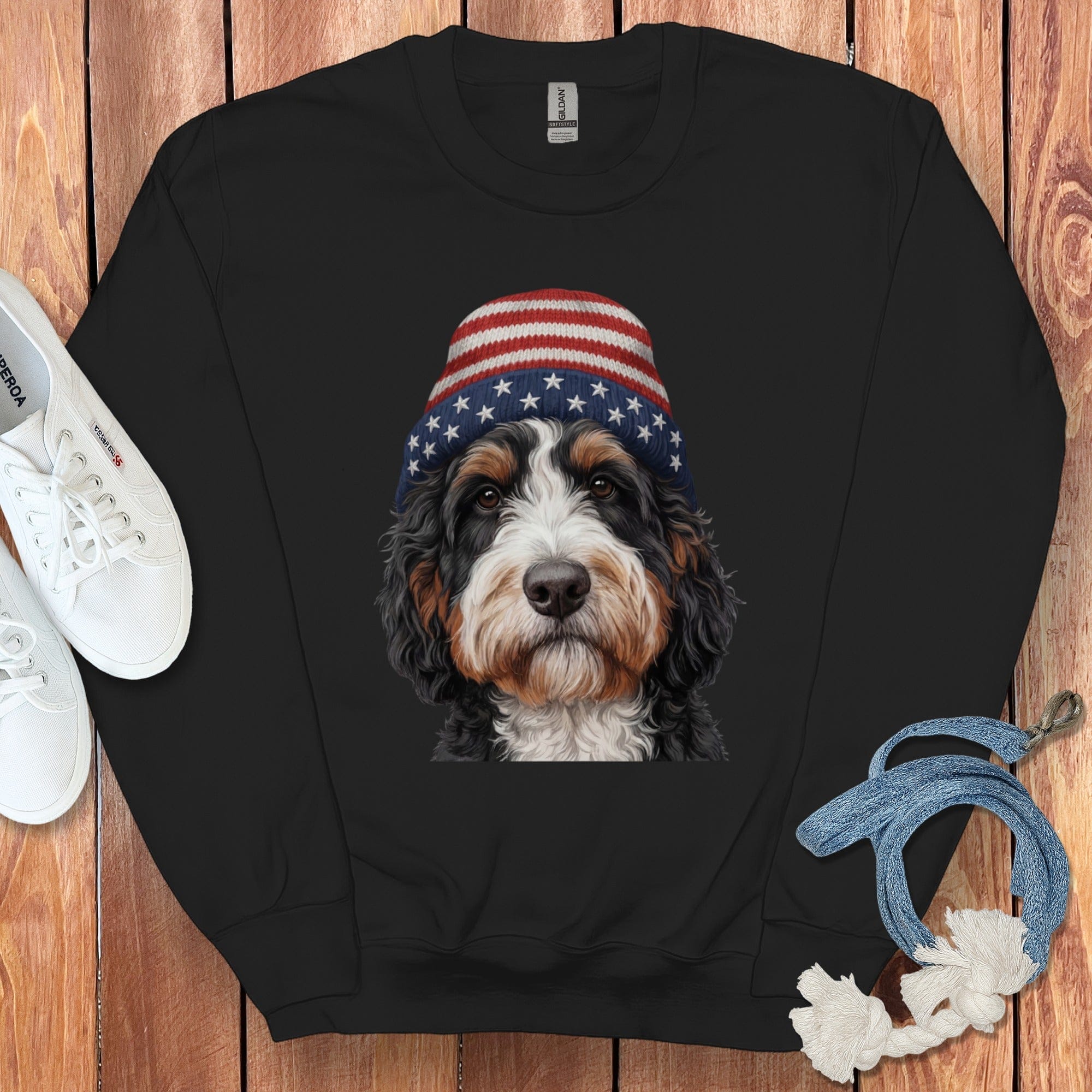 Bernedoodle Patriotic Cap Sweatshirt in Black / M / Sweatshirts #1 by Puppy Jo