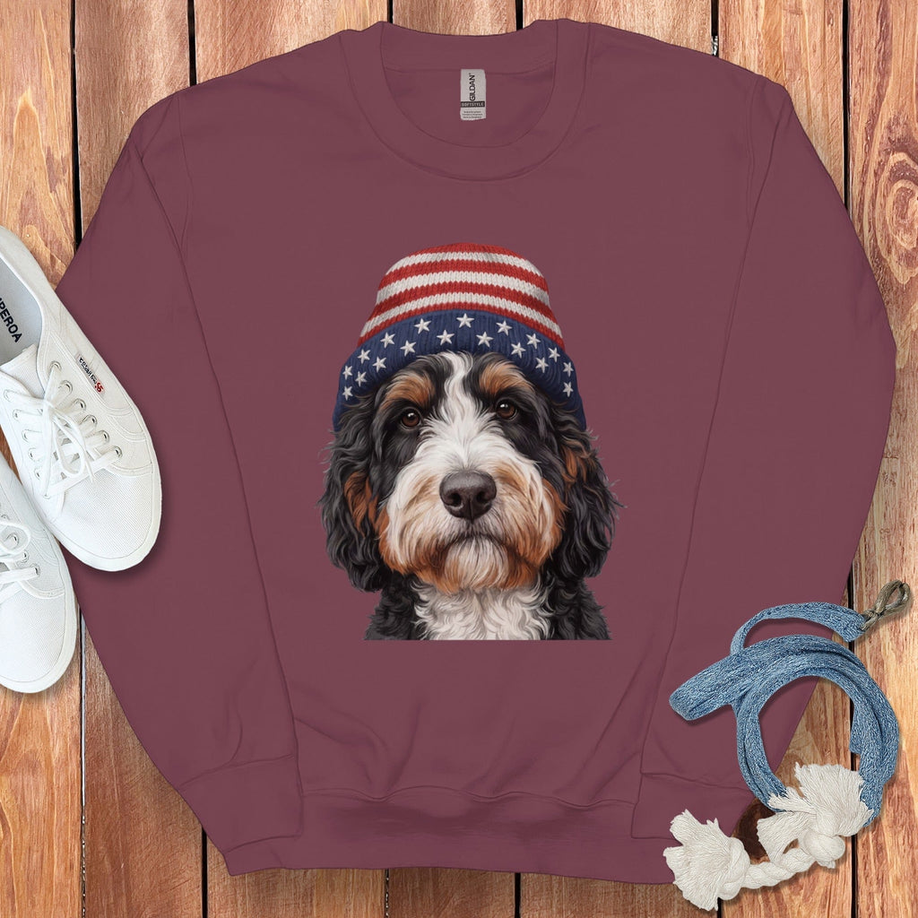 Bernedoodle Patriotic Cap Sweatshirt in Maroon / M / Sweatshirts #1 by Puppy Jo