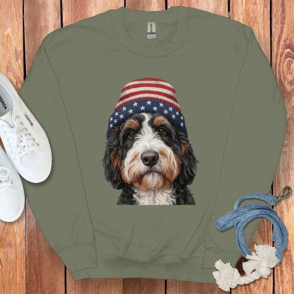 Bernedoodle Patriotic Cap Sweatshirt in Military Green / M / Sweatshirts #1 by Puppy Jo