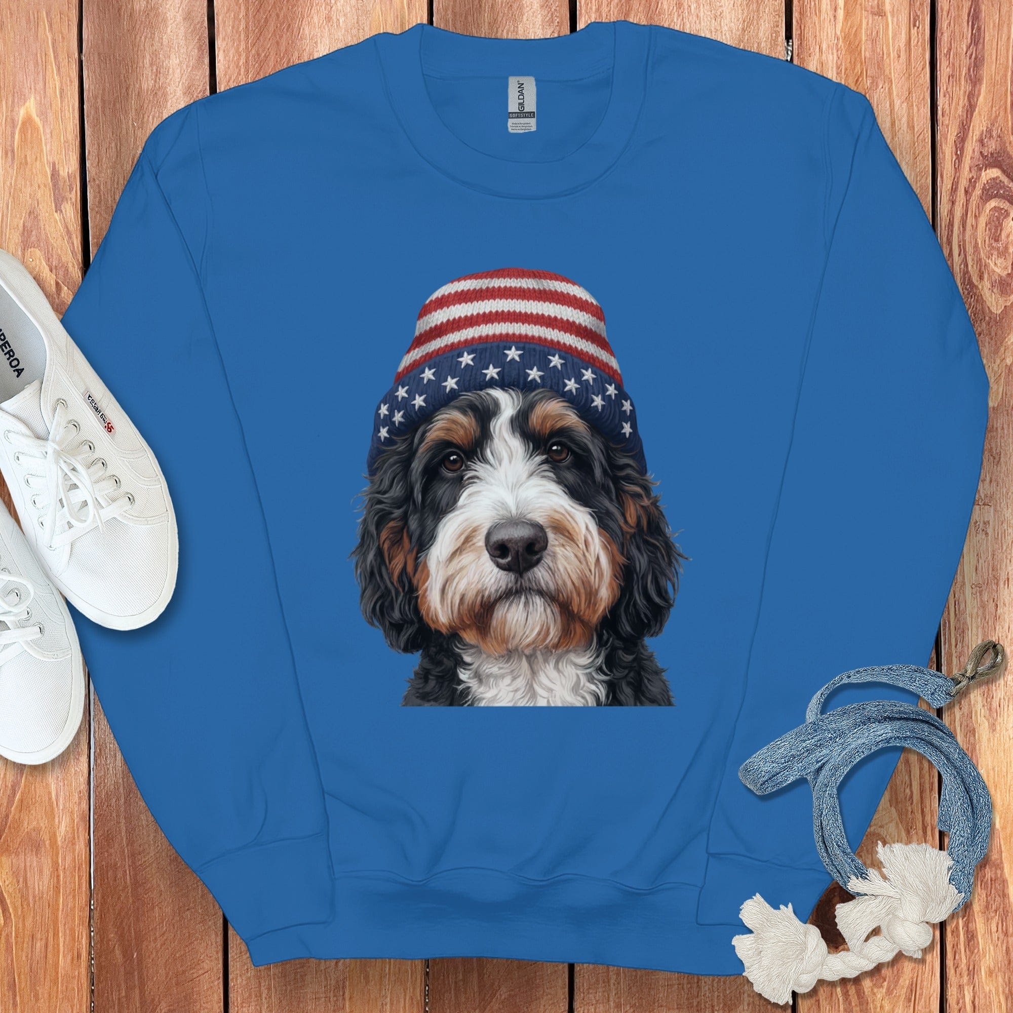 Bernedoodle Patriotic Cap Sweatshirt in Royal / M / Sweatshirts #1 by Puppy Jo
