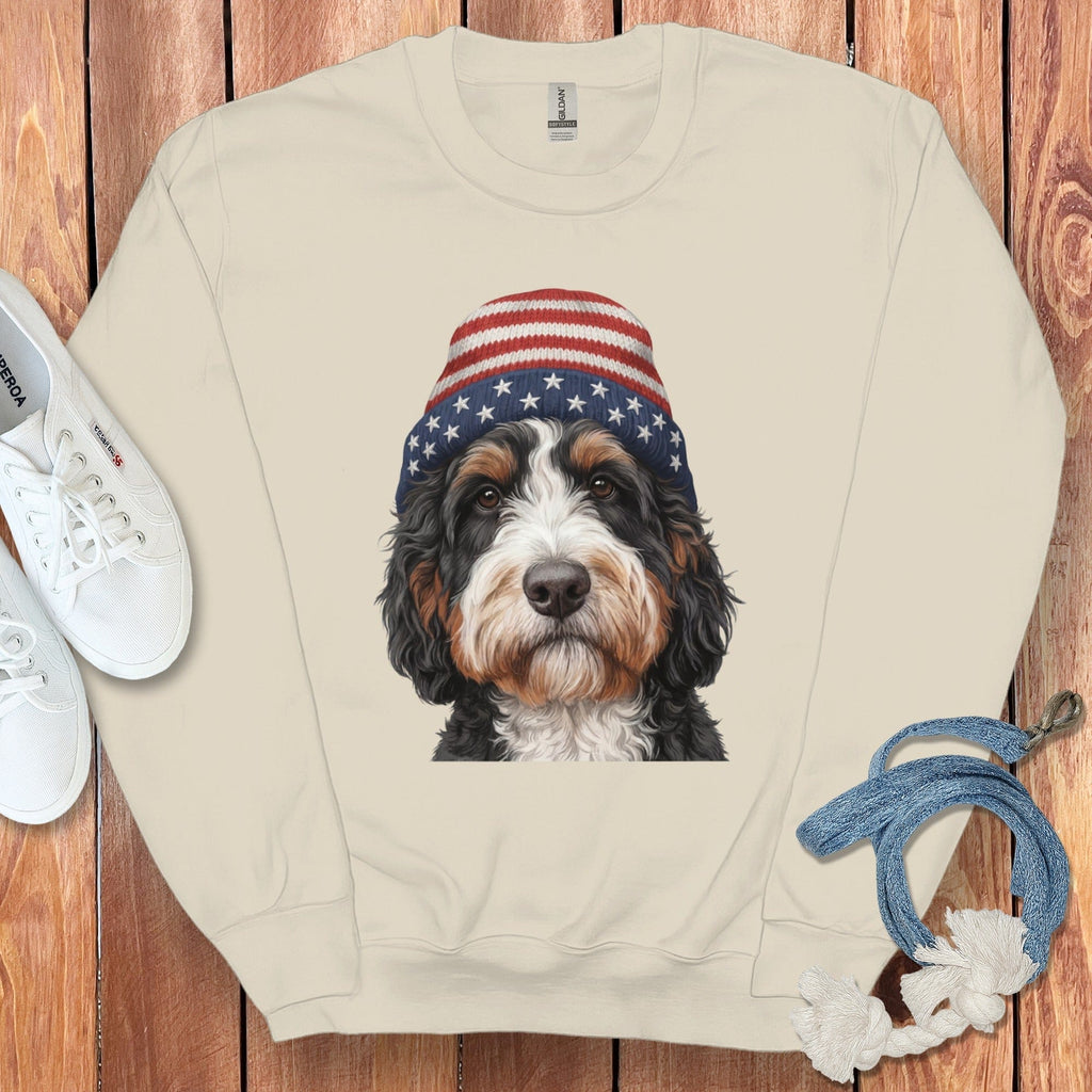 Bernedoodle Patriotic Cap Sweatshirt in Sand / M / Sweatshirts by Puppy Jo