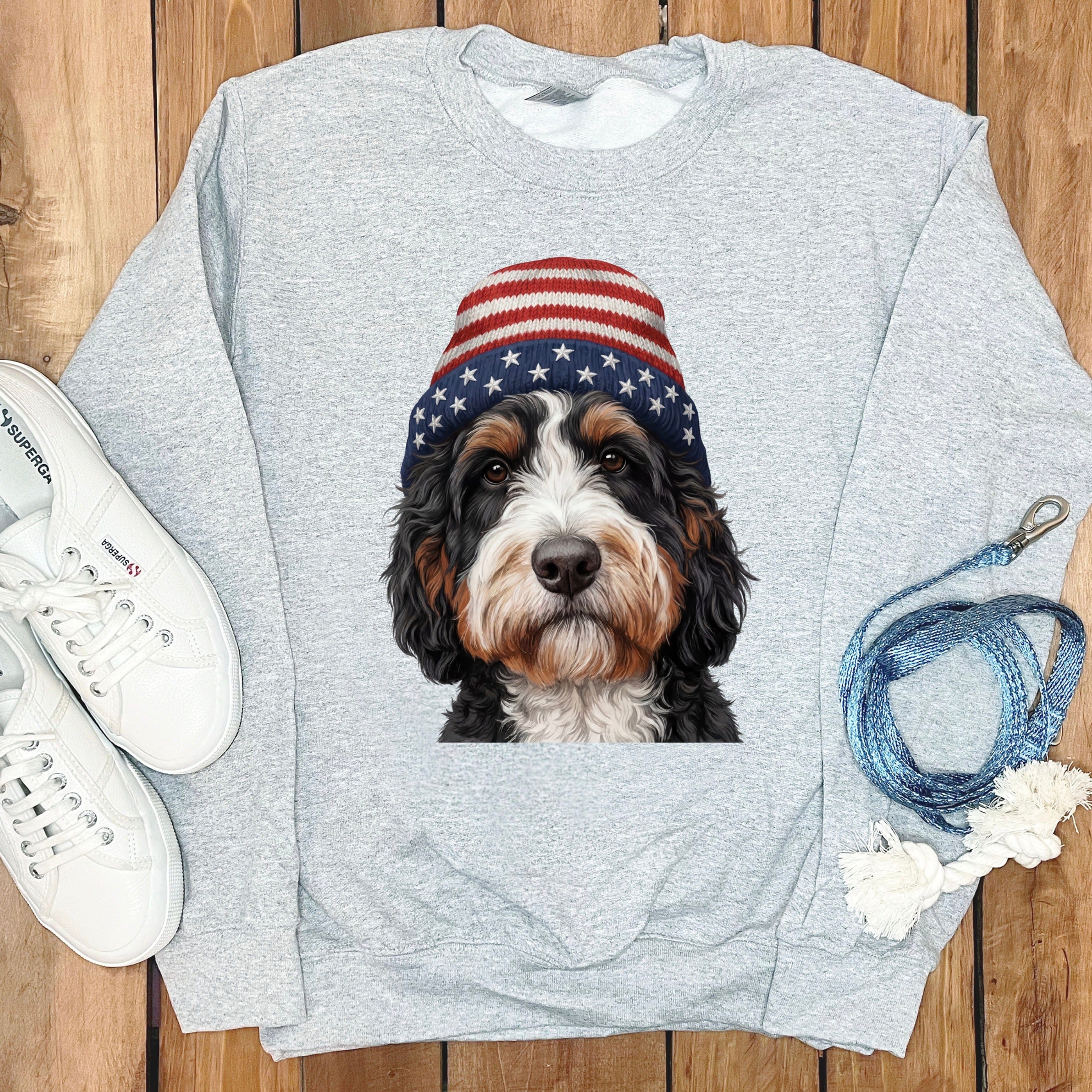 Bernedoodle Patriotic Cap Sweatshirt in Sport Grey / M / Sweatshirts by Puppy Jo