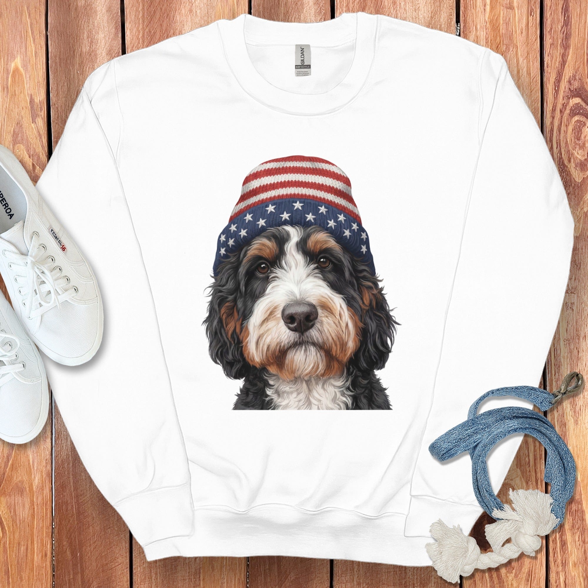 Bernedoodle Patriotic Cap Sweatshirt in White / M / Sweatshirts by Puppy Jo