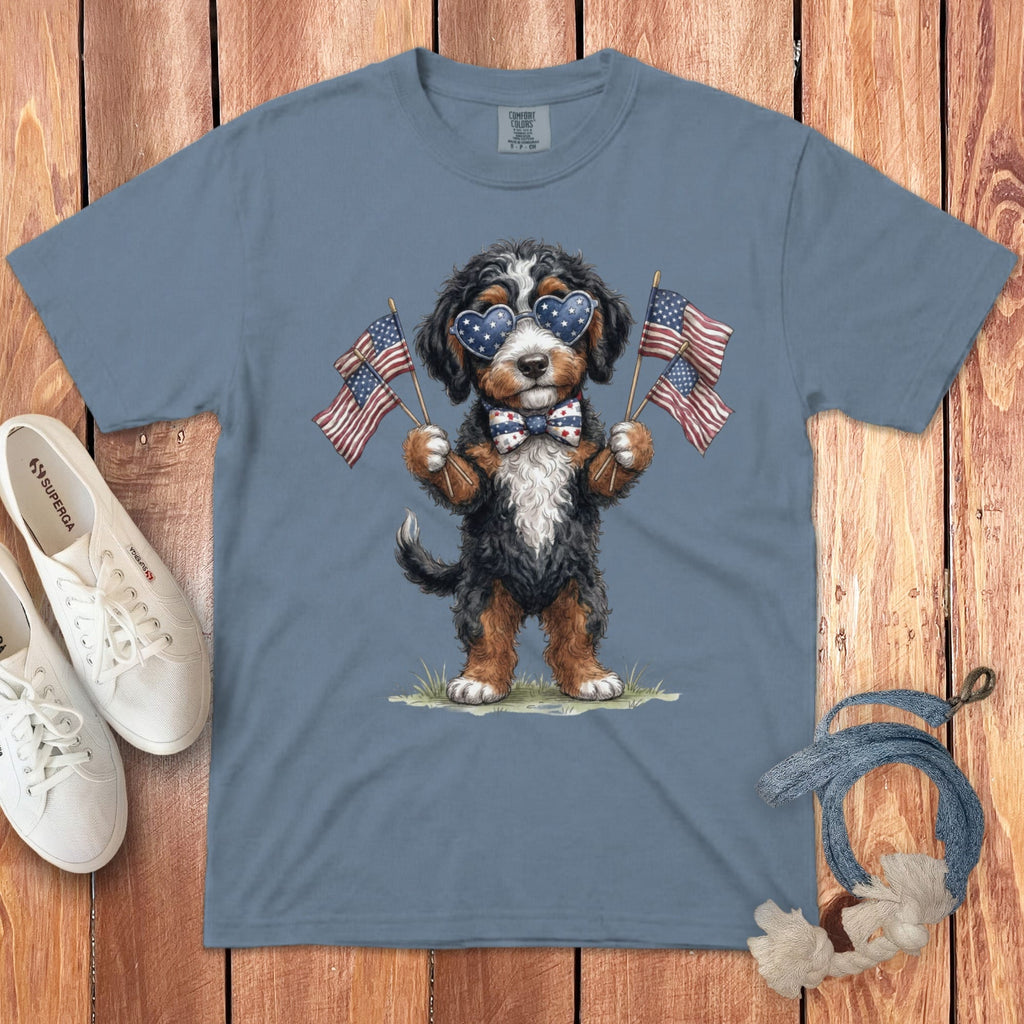 Bernedoodle Patriotic Celebration Signature T-Shirt in Blue Jean / S by Puppy Jo