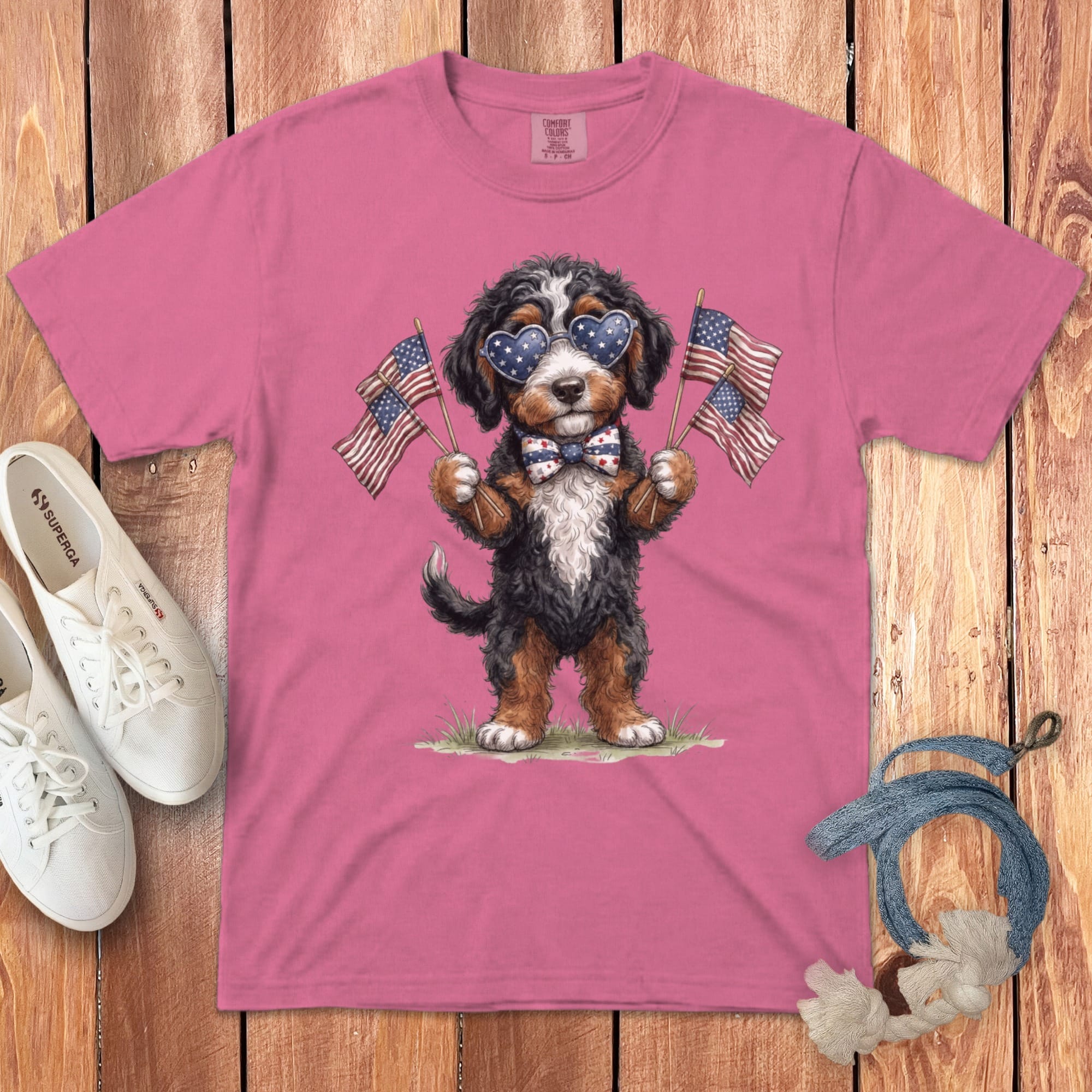 Bernedoodle Patriotic Celebration Signature T-Shirt in Crunchberry / S by Puppy Jo