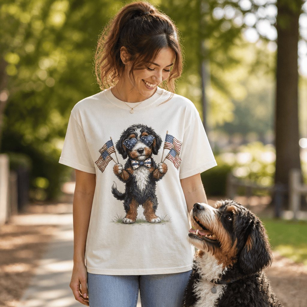 Bernedoodle Patriotic Celebration Signature T-Shirt in by Puppy Jo