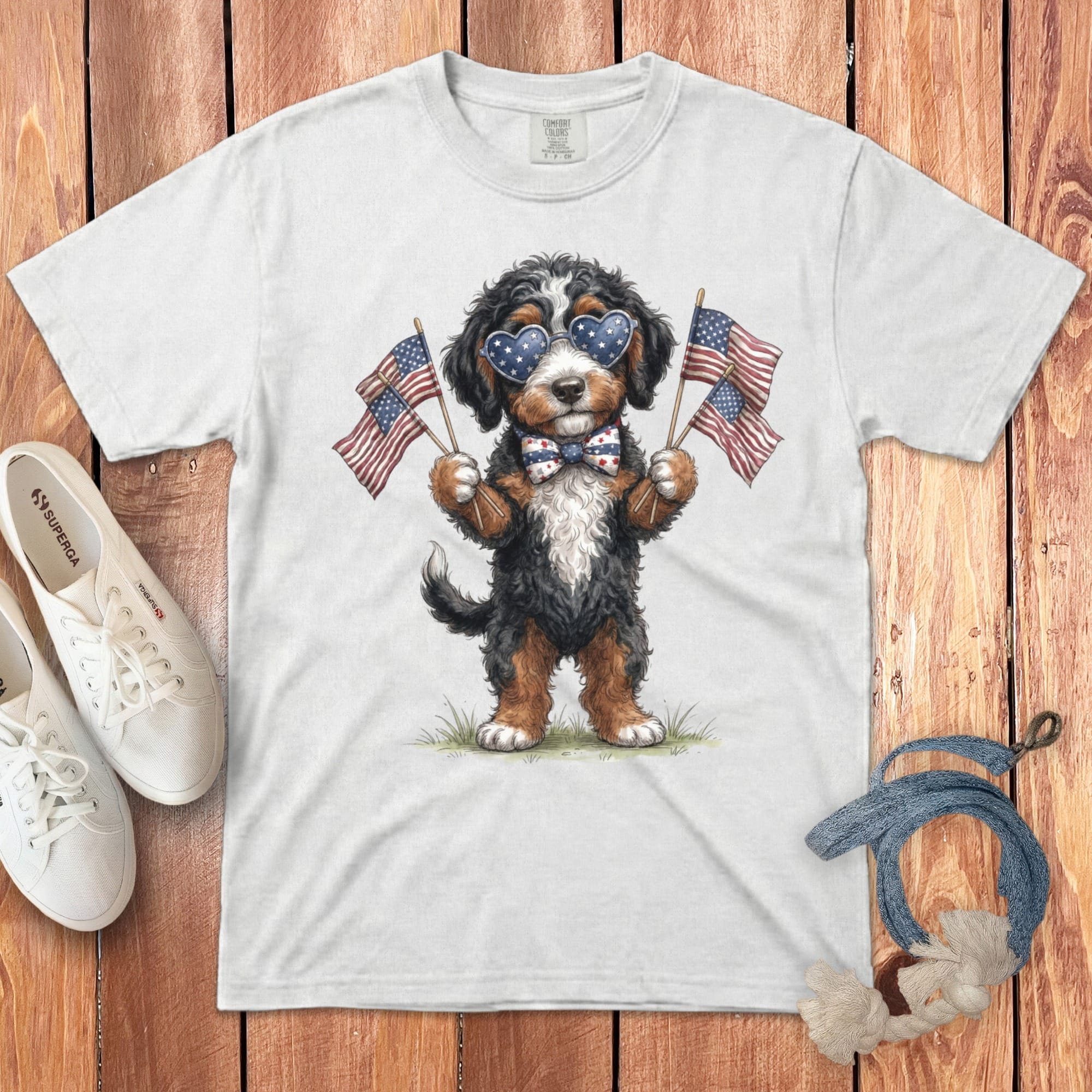 Bernedoodle Patriotic Celebration Signature T-Shirt in White / S by Puppy Jo