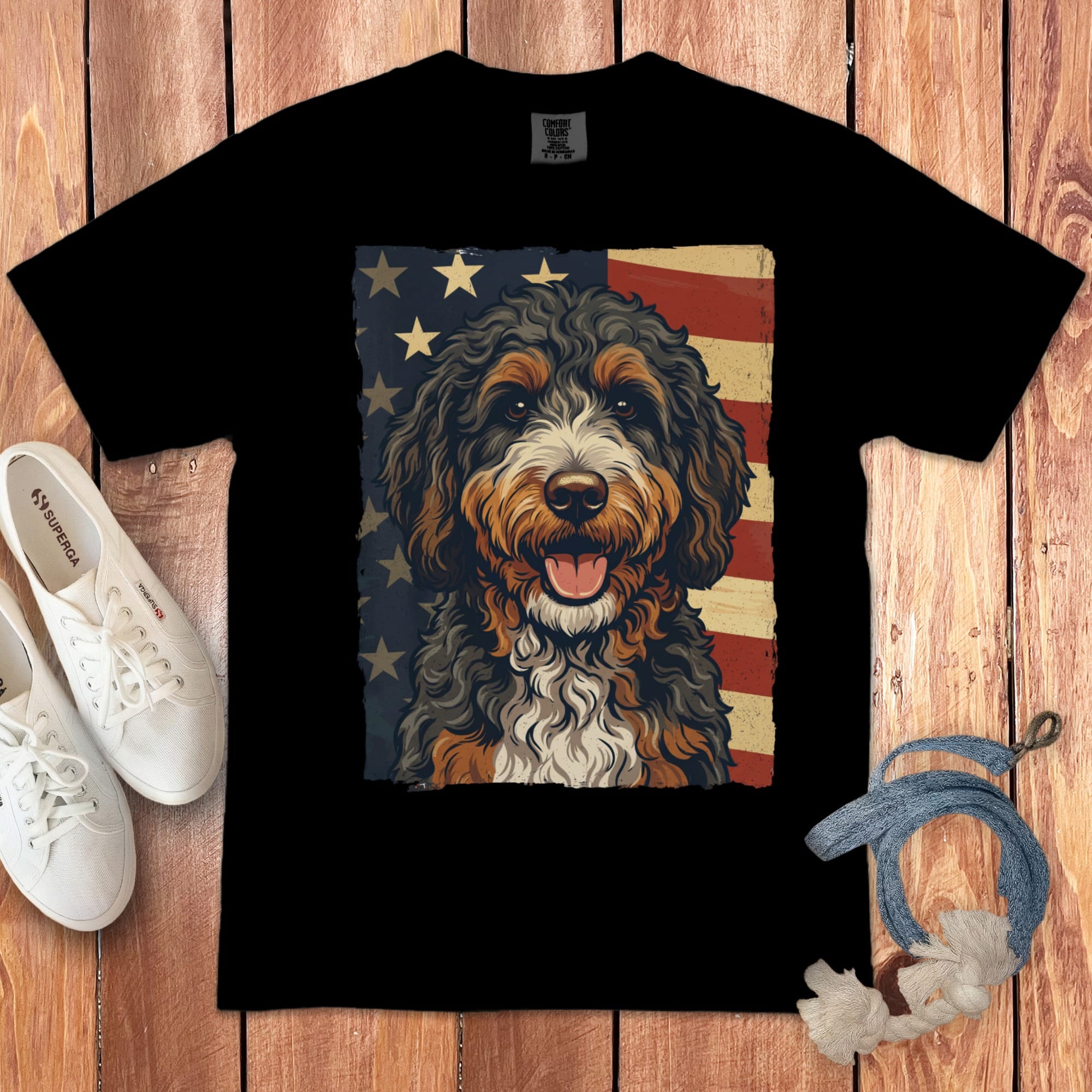 Bernedoodle Patriotic Signature T-Shirt in Black / S by Puppy Jo