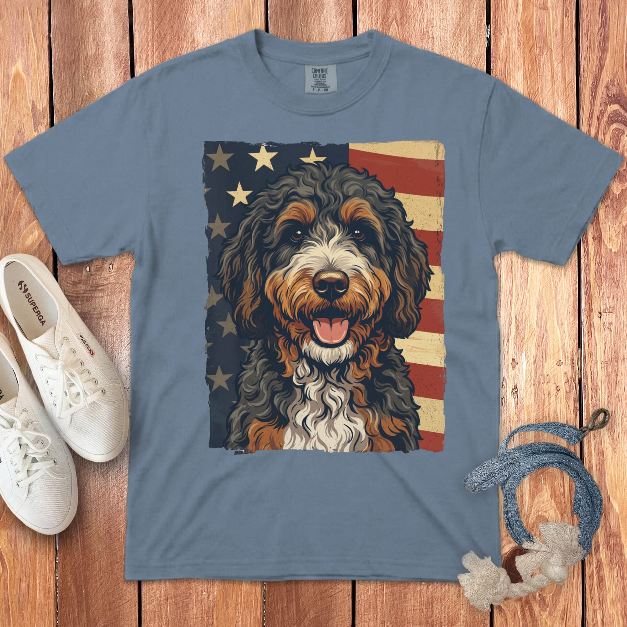 Bernedoodle Patriotic Signature T-Shirt in Blue Jean / S by Puppy Jo