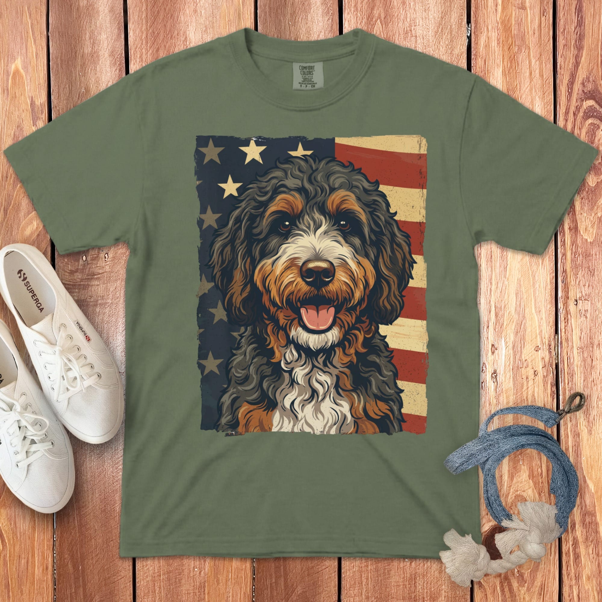 Bernedoodle Patriotic Signature T-Shirt in Moss / S by Puppy Jo