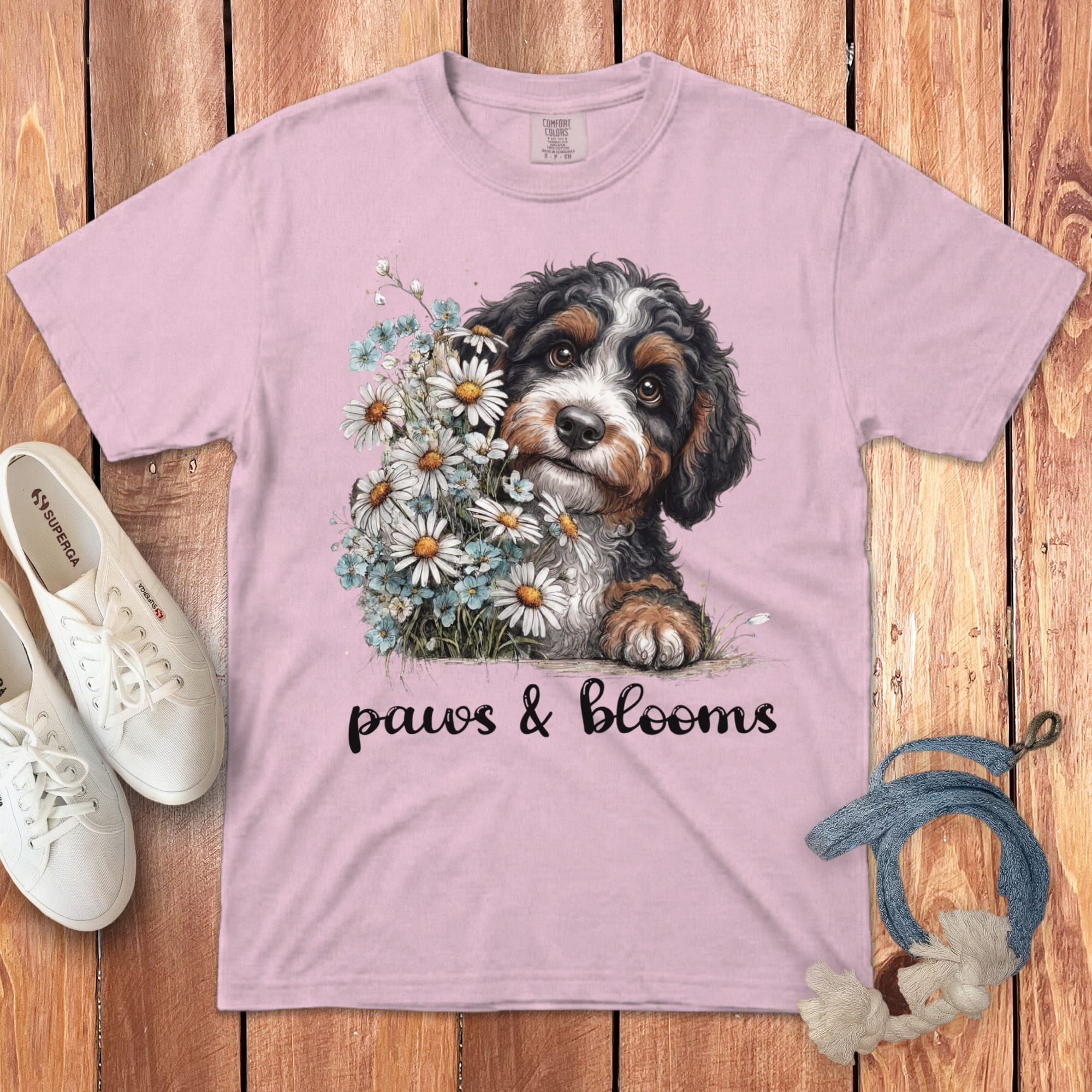 Bernedoodle Paws Blooms Signature T-Shirt in Blossom / S by Puppy Jo