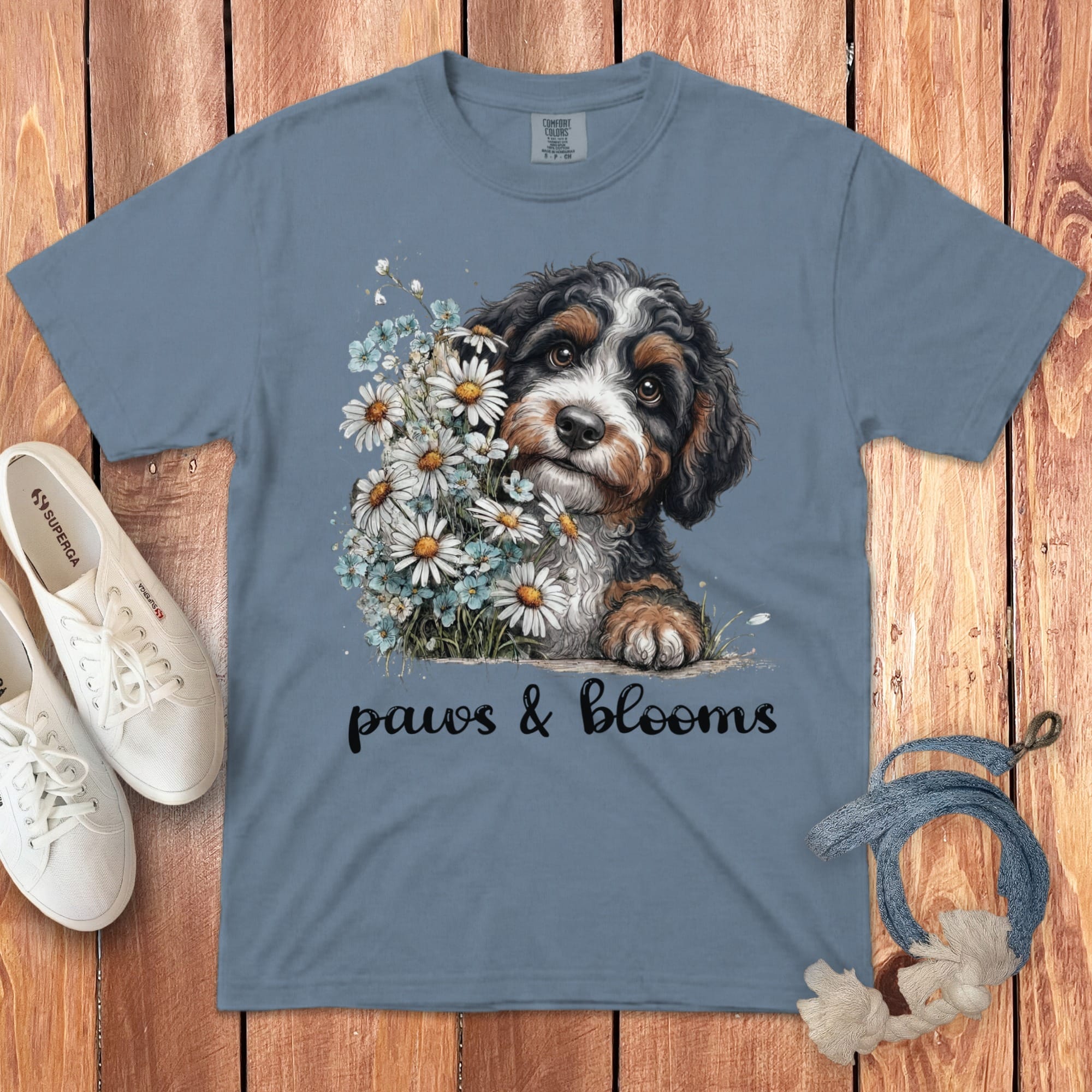Bernedoodle Paws Blooms Signature T-Shirt in Blue Jean / S by Puppy Jo