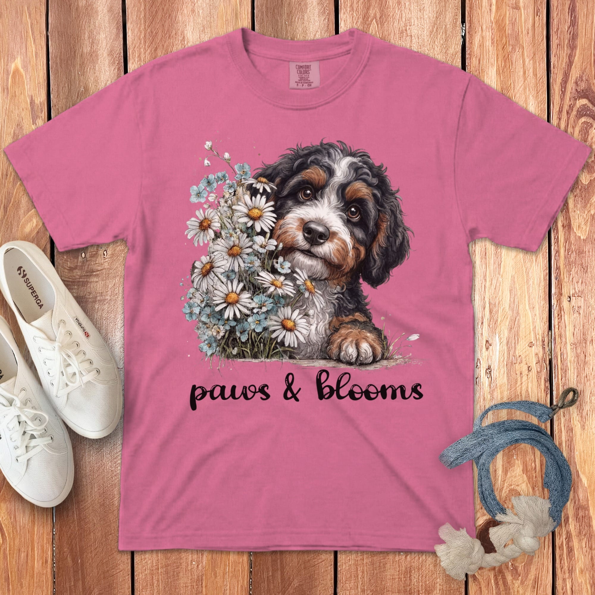 Bernedoodle Paws Blooms Signature T-Shirt in Crunchberry / S by Puppy Jo