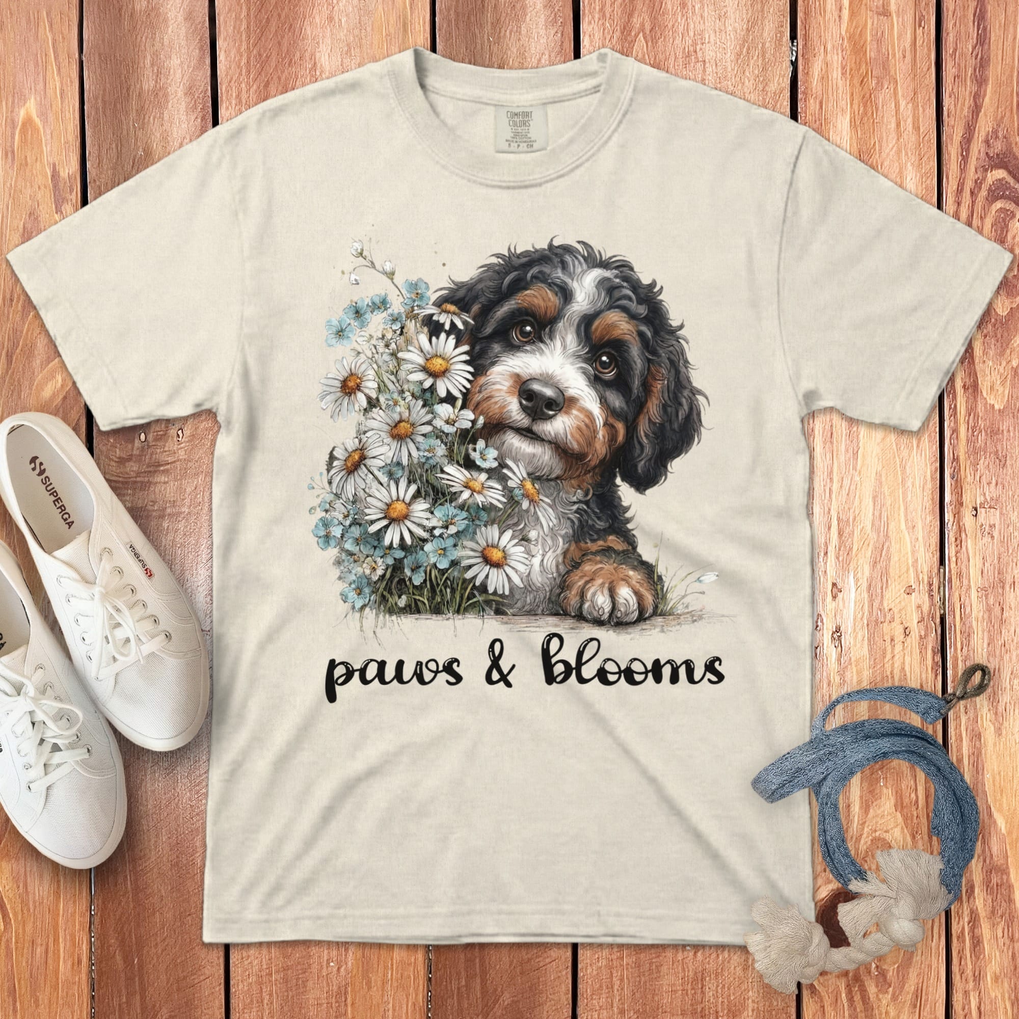 Bernedoodle Paws Blooms Signature T-Shirt in Ivory / S by Puppy Jo