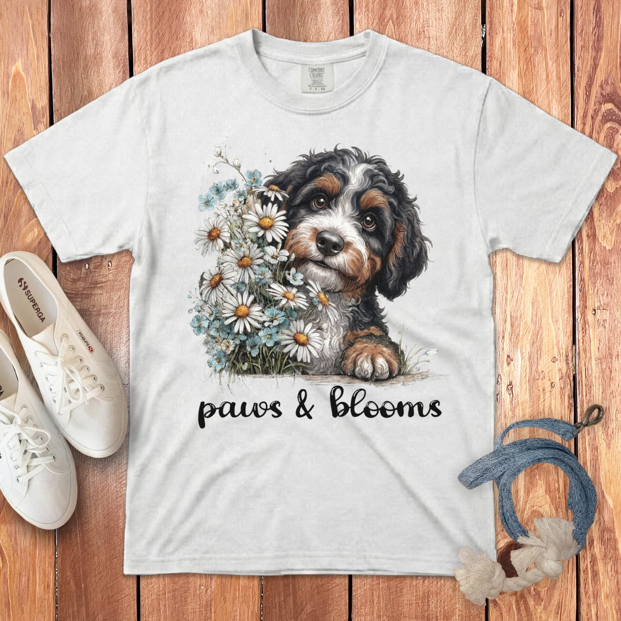 Bernedoodle Paws Blooms Signature T-Shirt in White / S by Puppy Jo