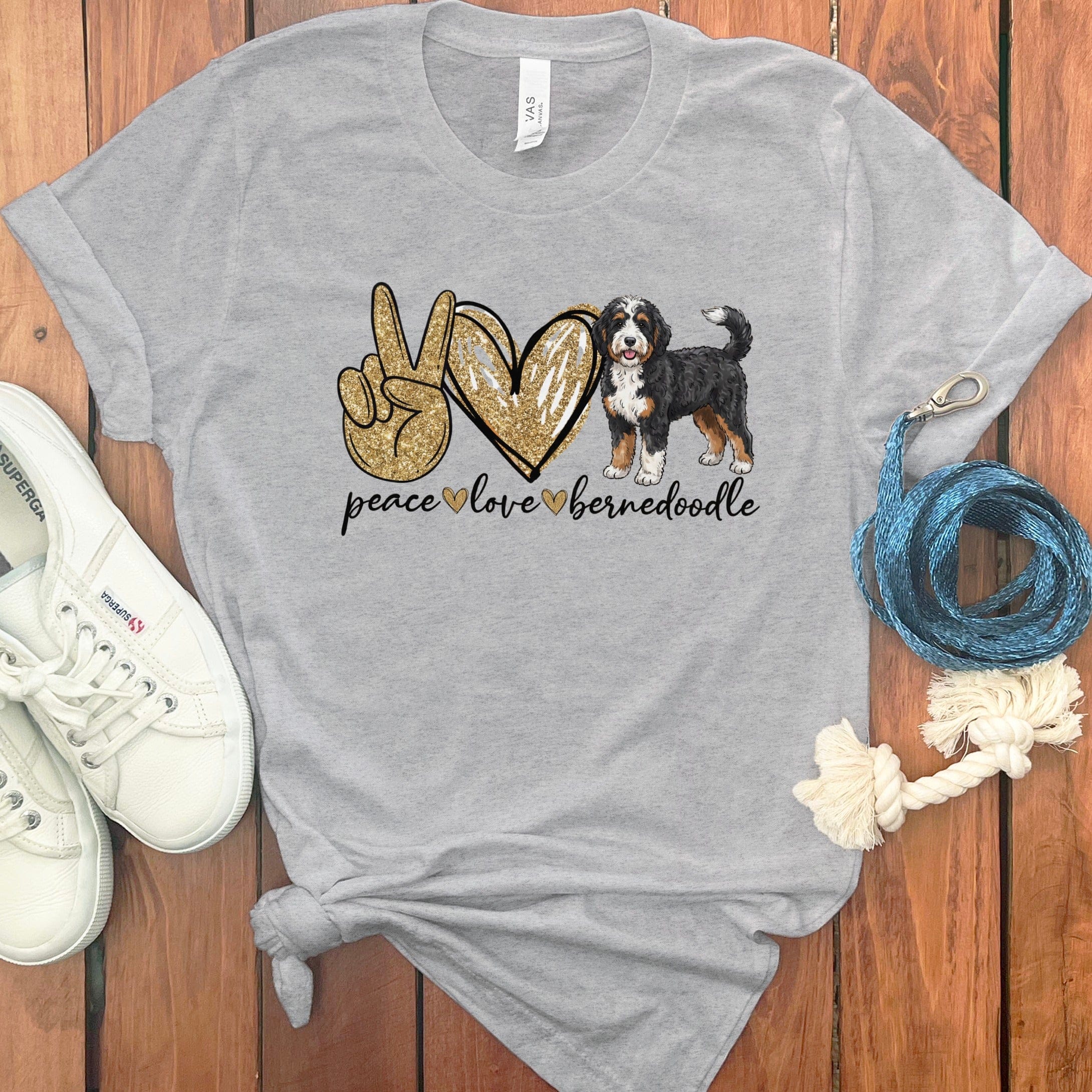 Bernedoodle Peace Love T-Shirt in Athletic Heather / S by Puppy Jo