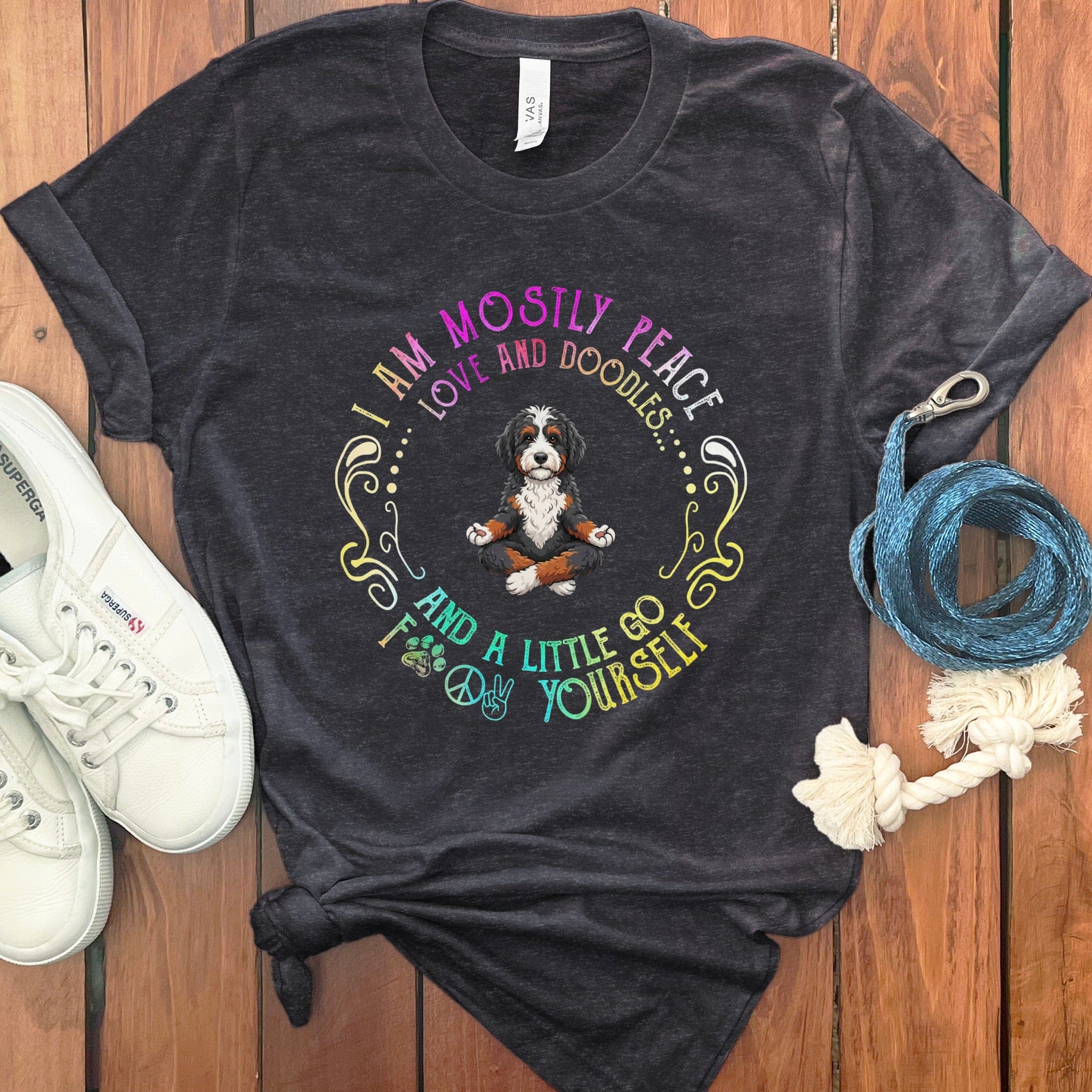 Bernedoodle Peaceful Yoga T-Shirt in Dark Grey Heather / S by Puppy Jo