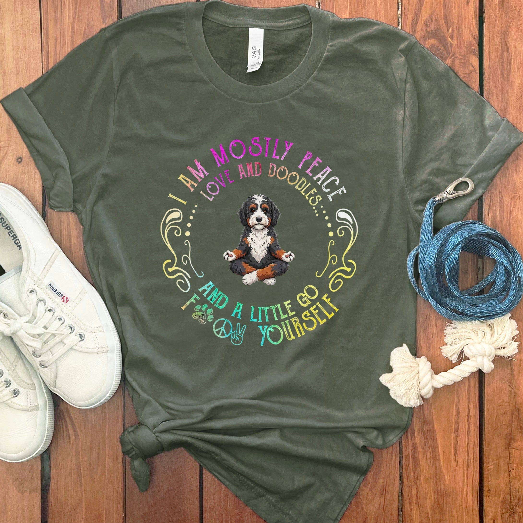 Bernedoodle Peaceful Yoga T-Shirt in Military Green / S by Puppy Jo