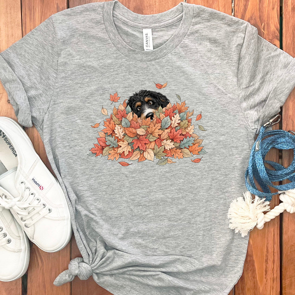 Bernedoodle Peeking Leaf Pile T-Shirt in Athletic Heather / S by Puppy Jo