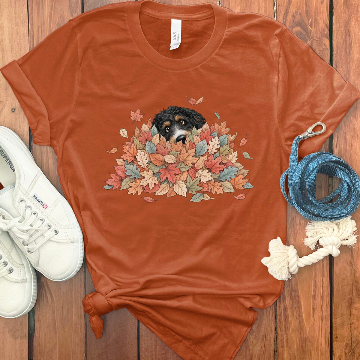 Bernedoodle Peeking Leaf Pile T-Shirt in Autumn / S by Puppy Jo