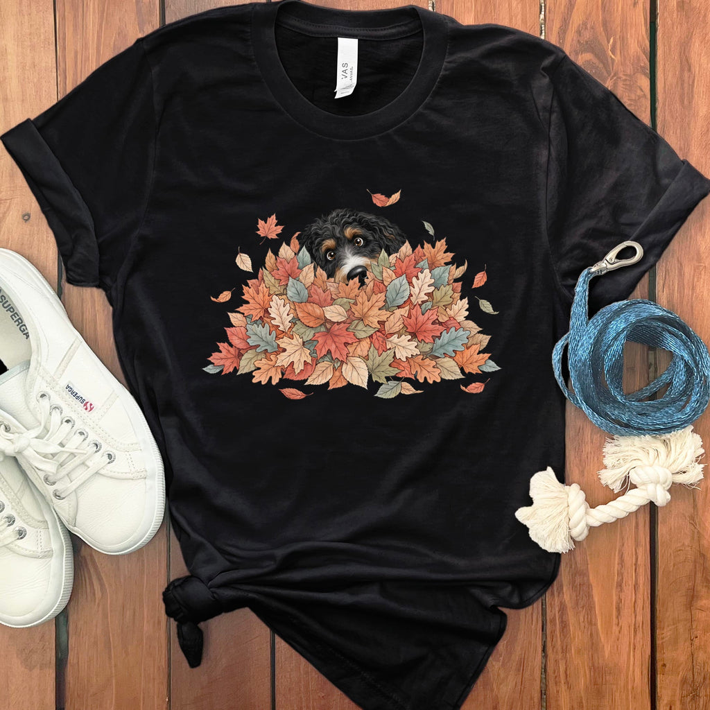 Bernedoodle Peeking Leaf Pile T-Shirt in Black / S by Puppy Jo