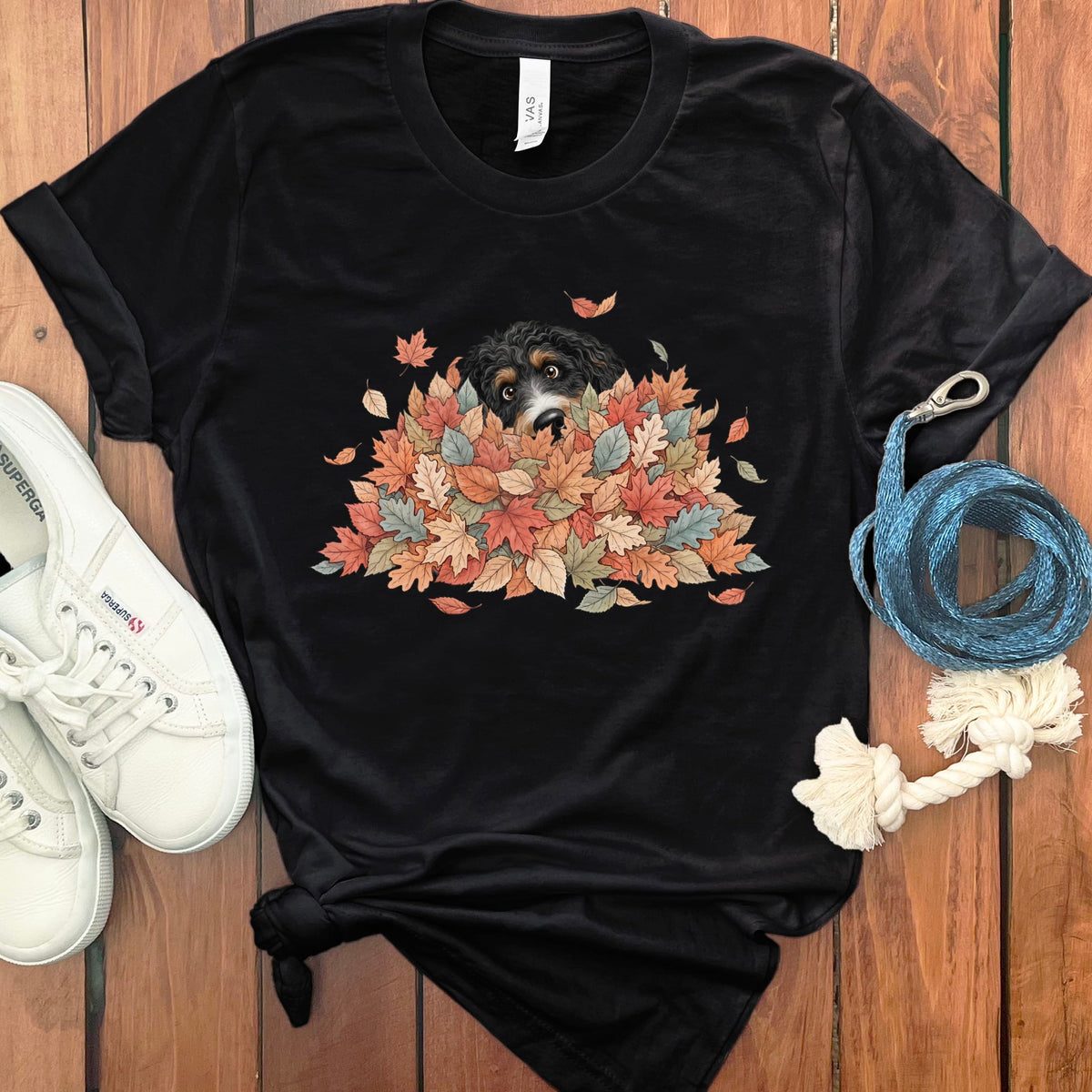 Bernedoodle Peeking Leaf Pile T-Shirt in Black / S by Puppy Jo