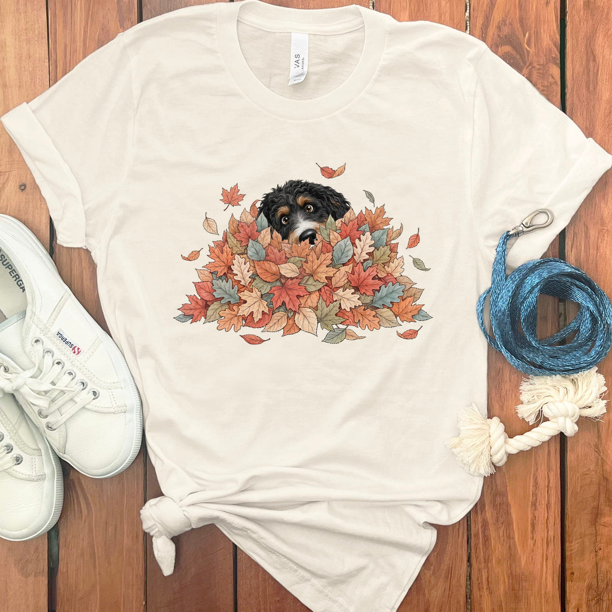 Bernedoodle Peeking Leaf Pile T-Shirt in Natural / S by Puppy Jo