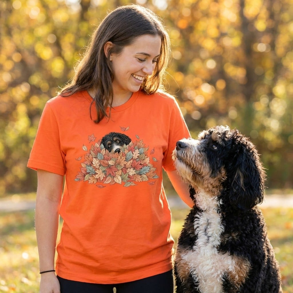 Bernedoodle Peeking Leaf Pile T-Shirt in by Puppy Jo