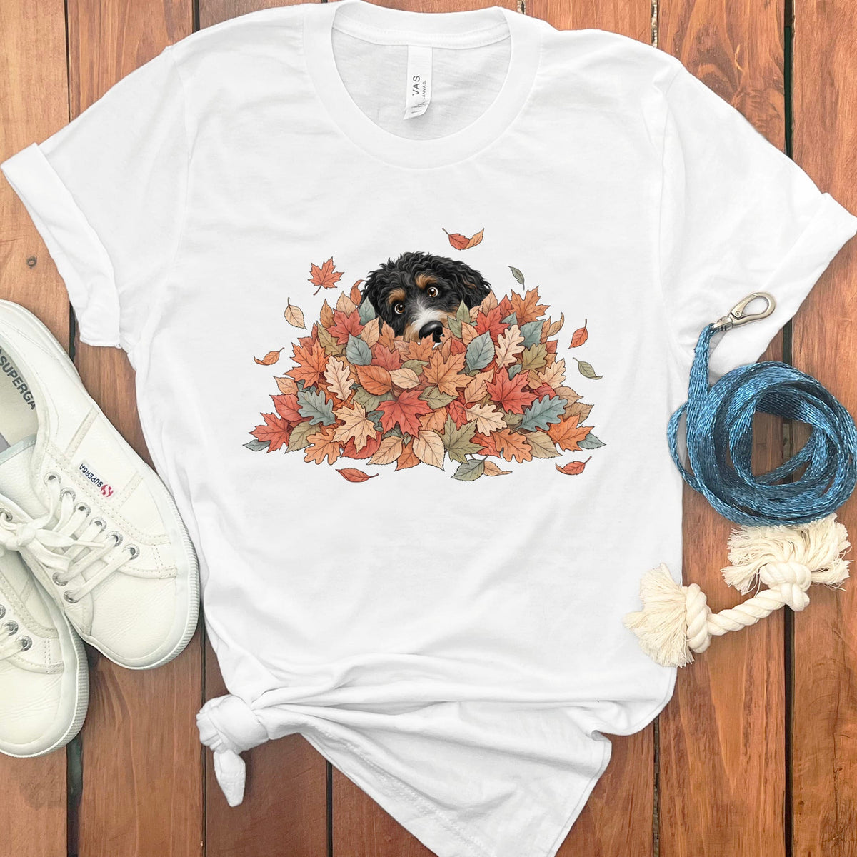 Bernedoodle Peeking Leaf Pile T-Shirt in White / S by Puppy Jo