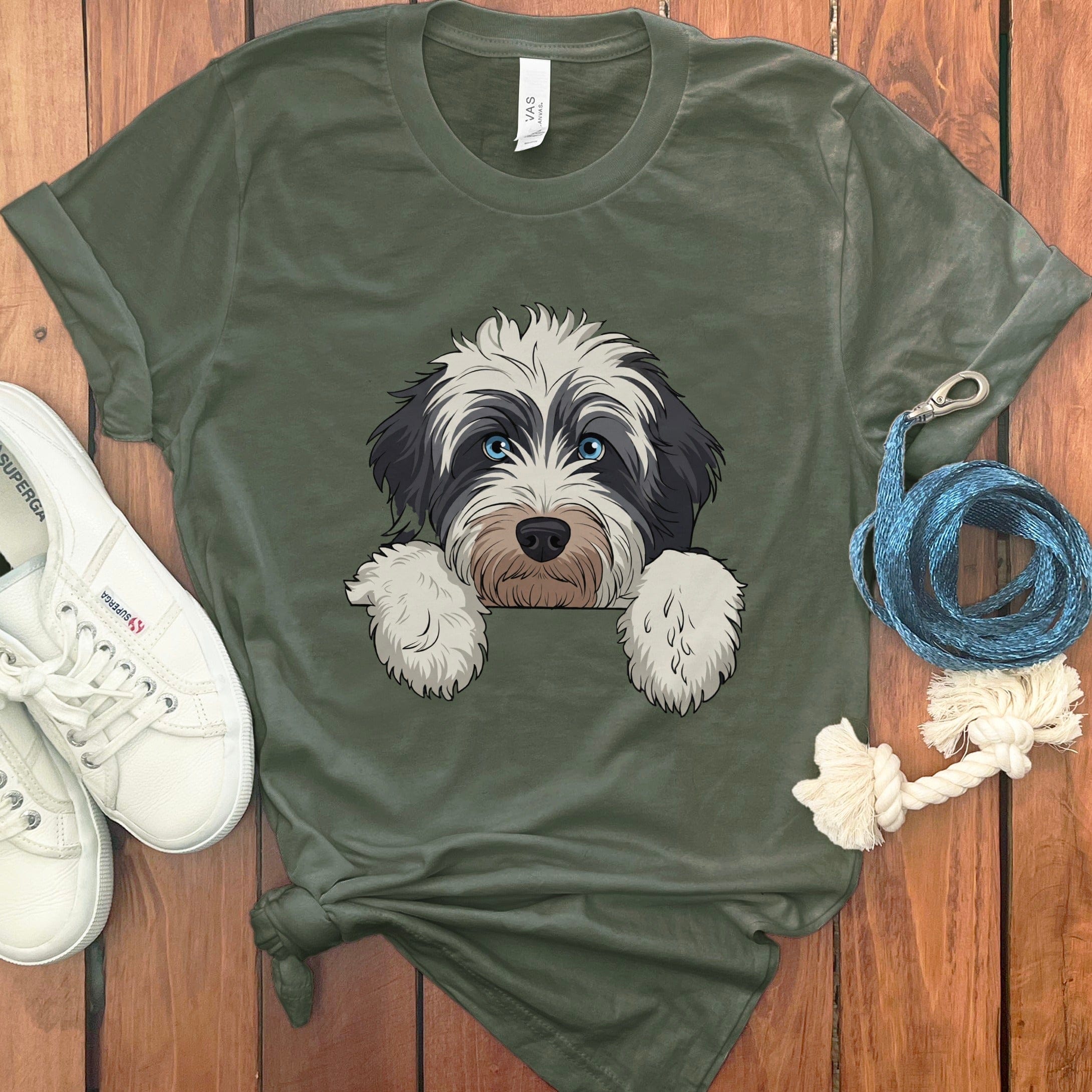 Bernedoodle Peeking T-Shirt in Military Green / S by Puppy Jo