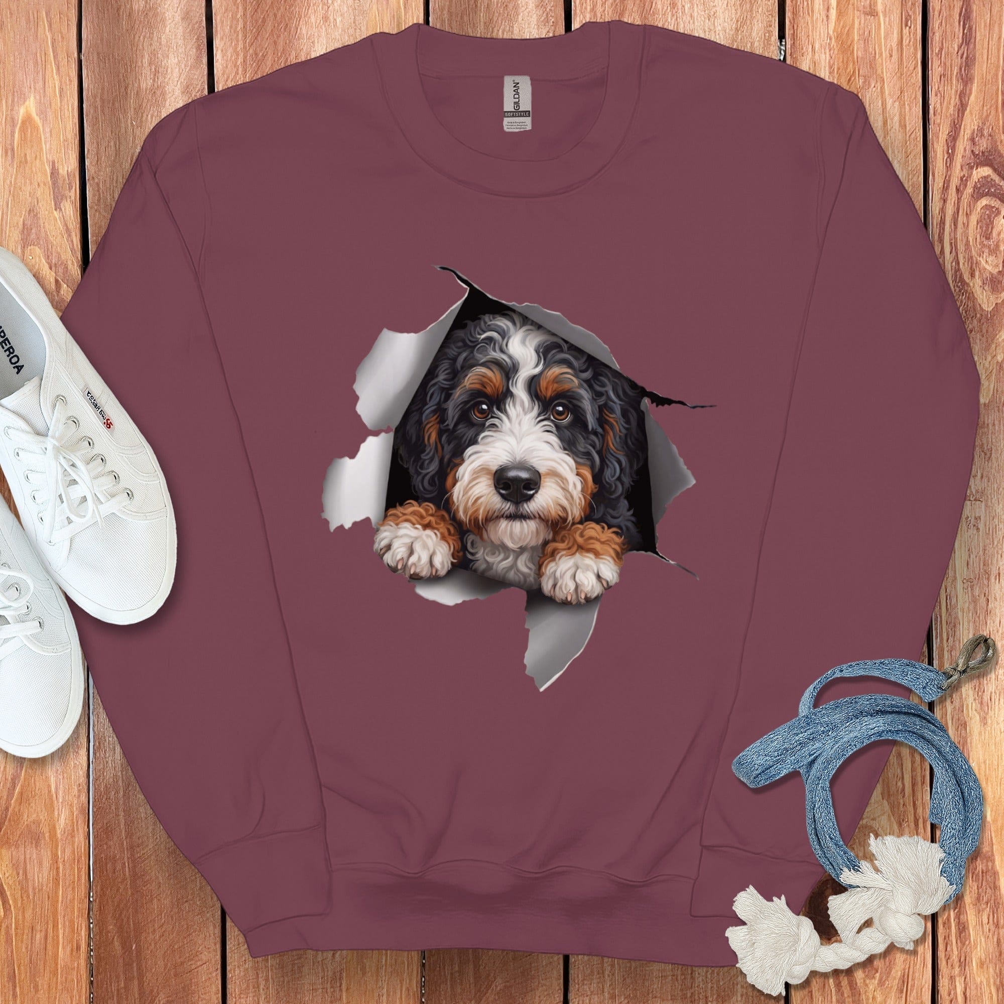 Bernedoodle Popping Sweatshirt in Maroon / S by Puppy Jo