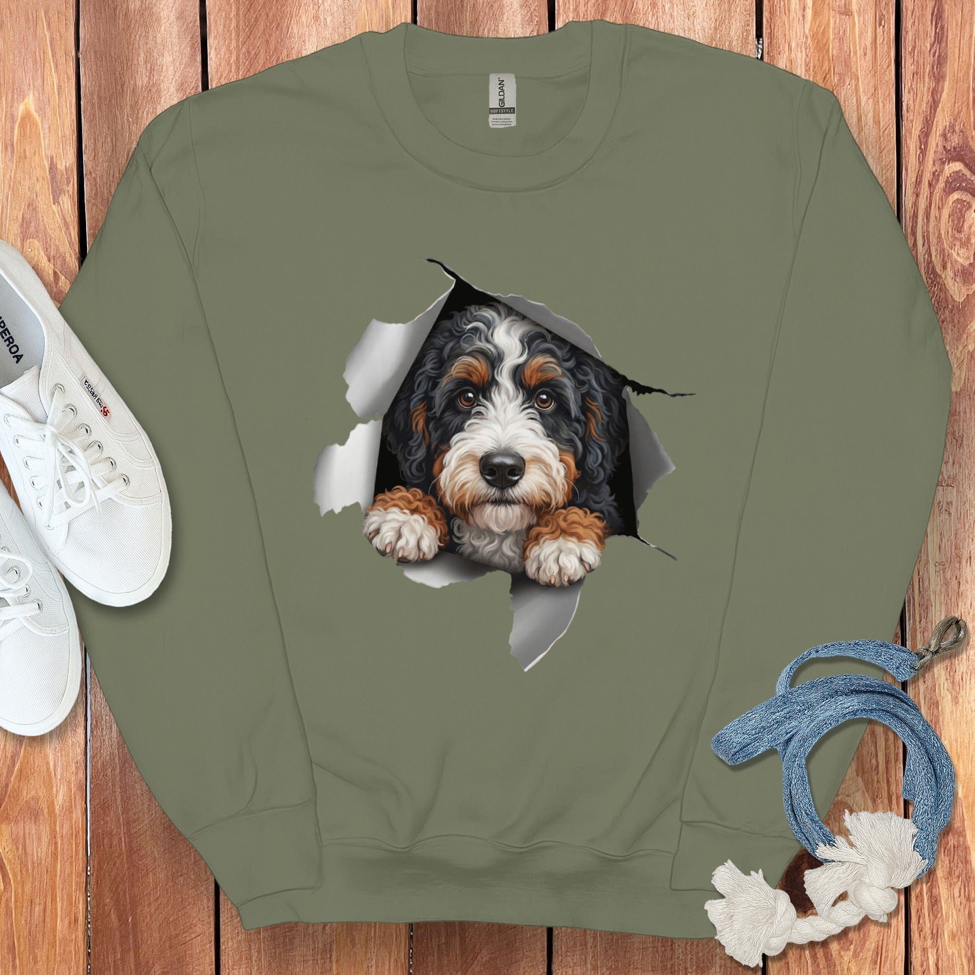 Bernedoodle Popping Sweatshirt in Military Green / S by Puppy Jo