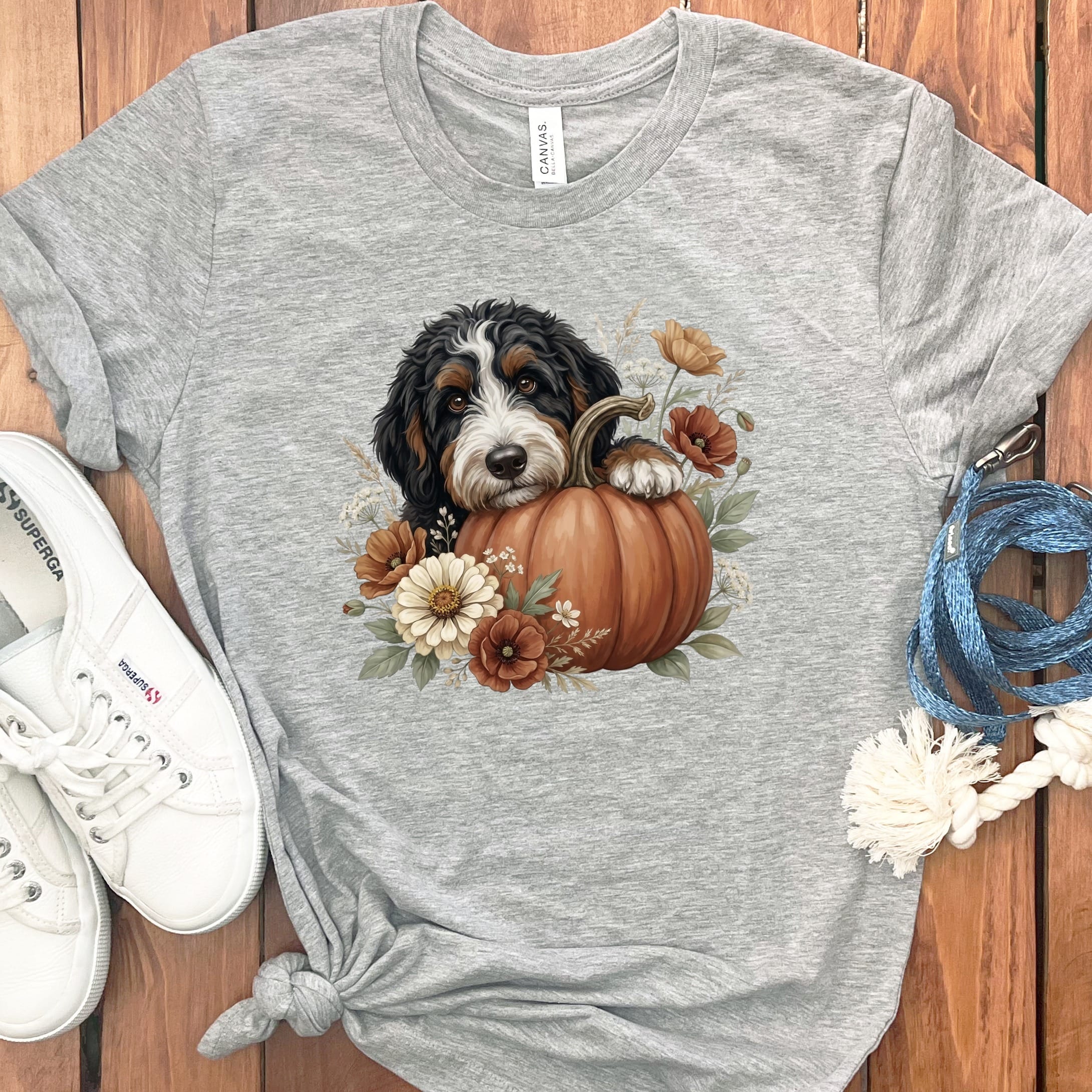 Bernedoodle Pumpkin Hug T-Shirt in Athletic Heather / S by Puppy Jo