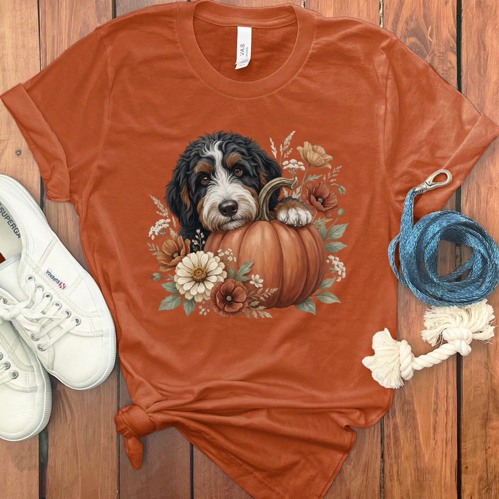 Bernedoodle Pumpkin Hug T-Shirt in Autumn / S by Puppy Jo