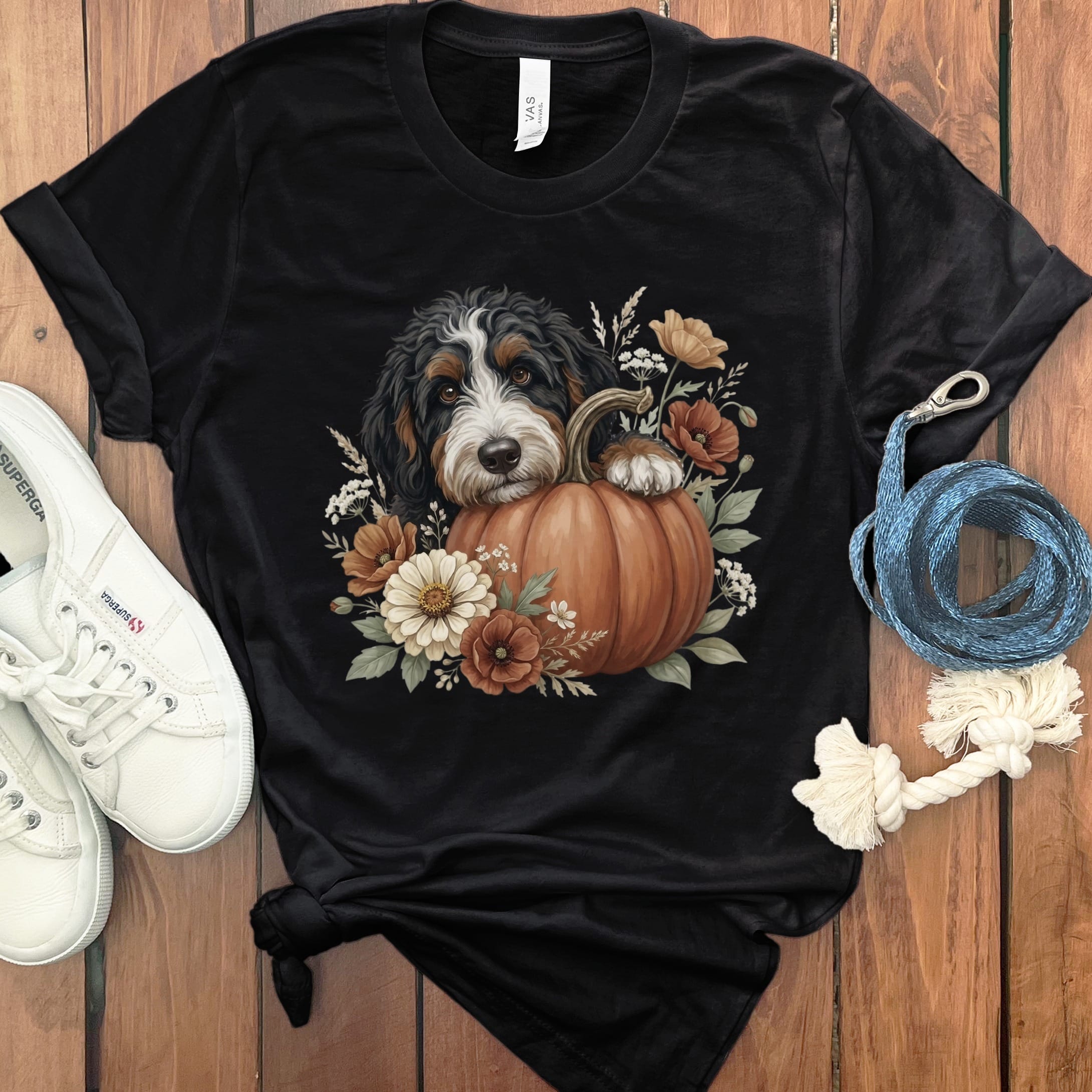 Bernedoodle Pumpkin Hug T-Shirt in Black / S by Puppy Jo