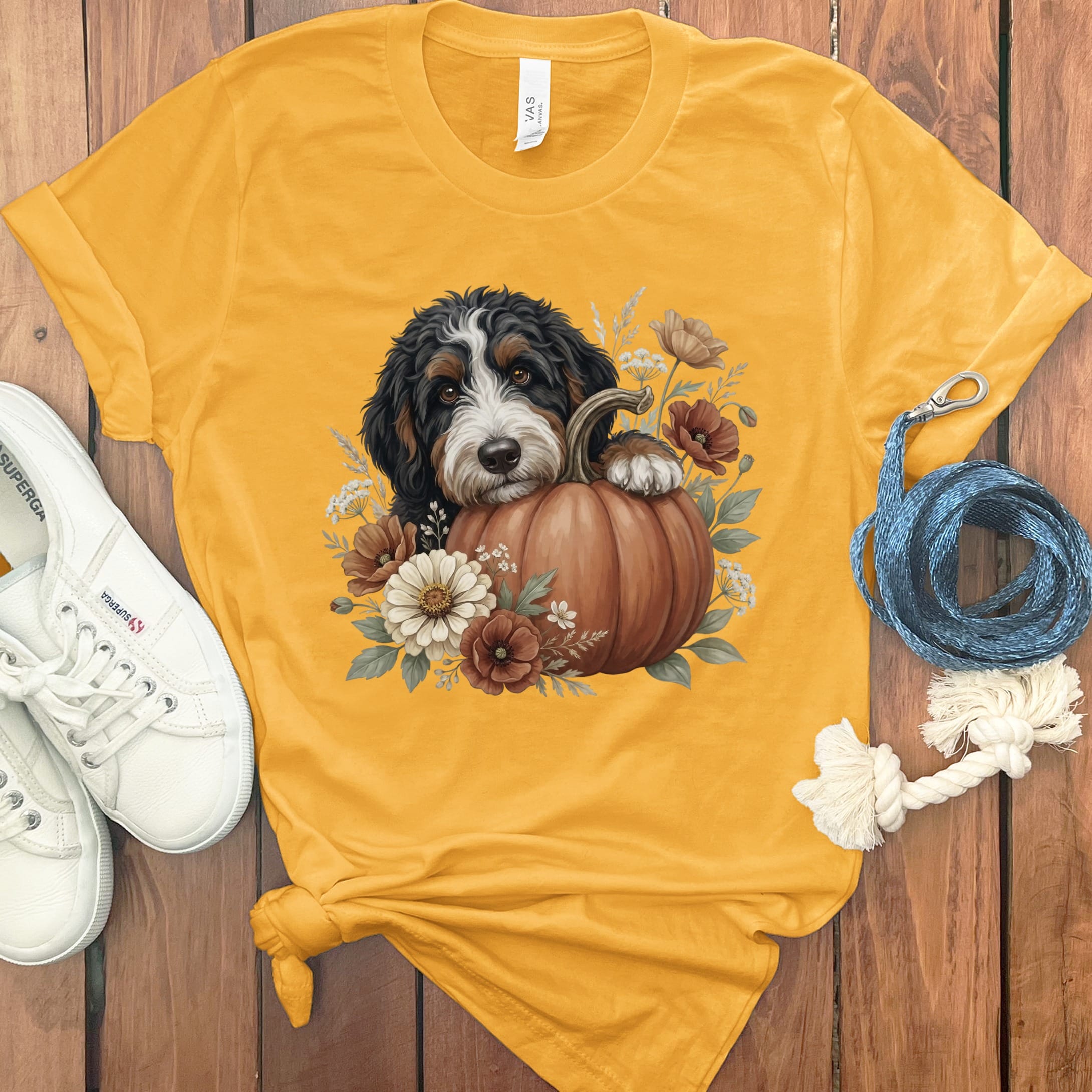 Bernedoodle Pumpkin Hug T-Shirt in Gold / S by Puppy Jo