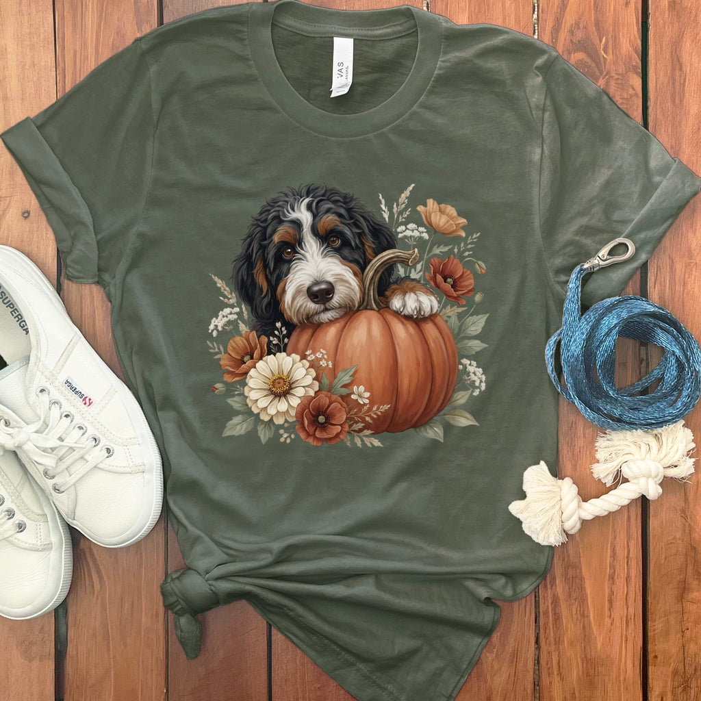 Bernedoodle Pumpkin Hug T-Shirt in Military Green / S by Puppy Jo