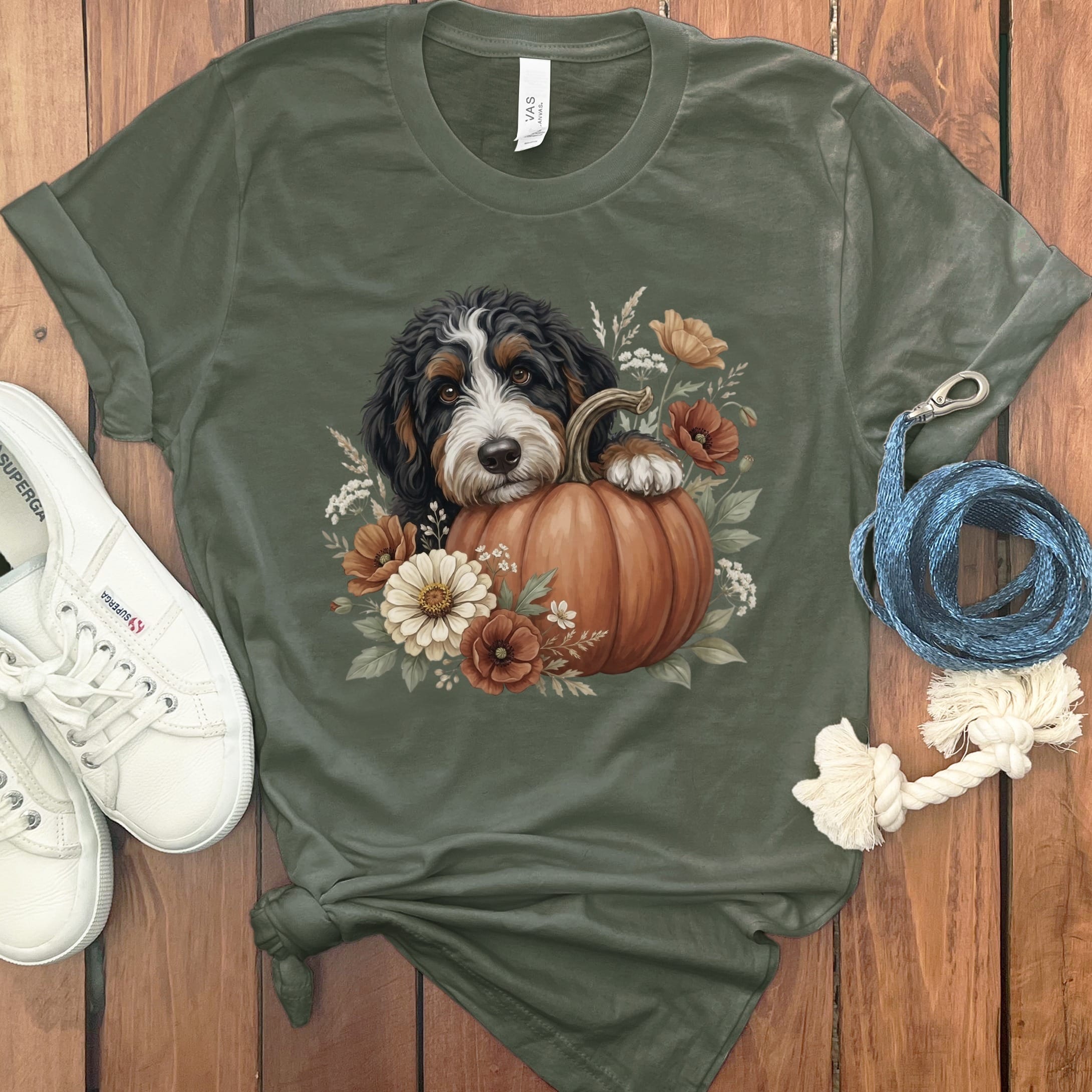 Bernedoodle Pumpkin Hug T-Shirt in Military Green / S by Puppy Jo