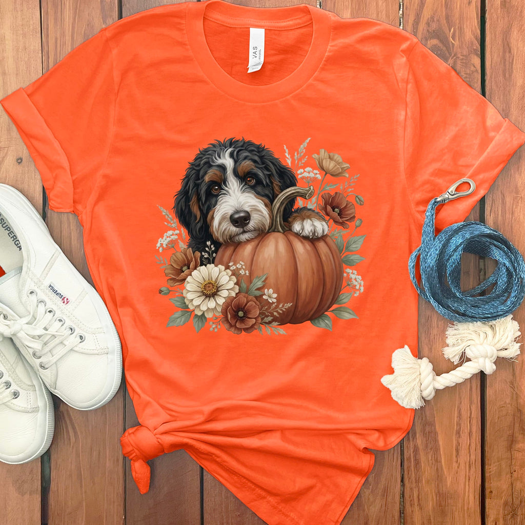 Bernedoodle Pumpkin Hug T-Shirt in Orange / S by Puppy Jo