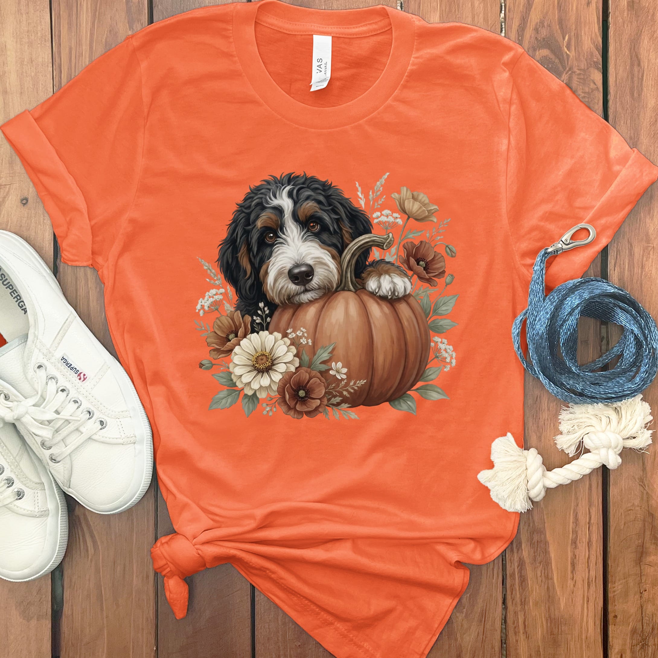 Bernedoodle Pumpkin Hug T-Shirt in Orange / S by Puppy Jo