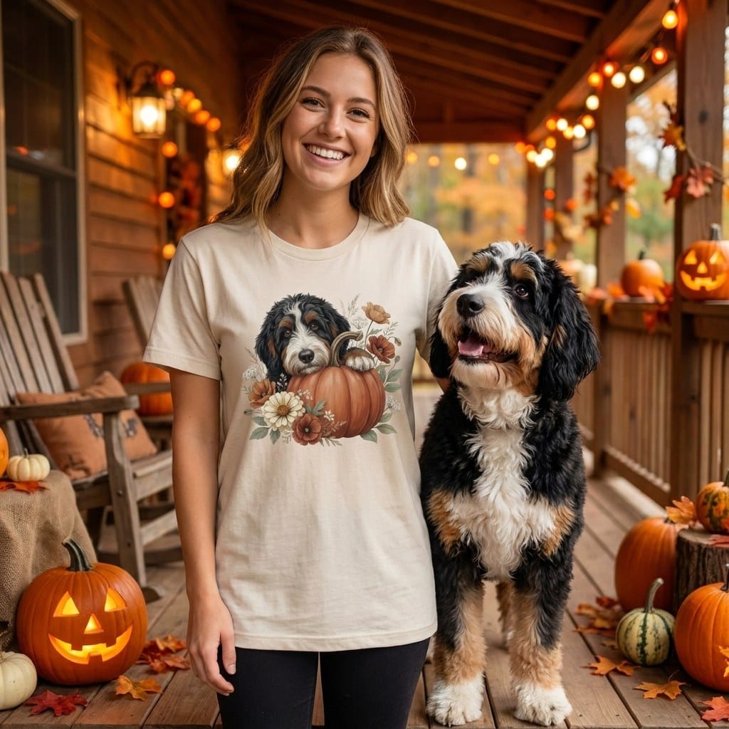 Bernedoodle Pumpkin Hug T-Shirt in by Puppy Jo