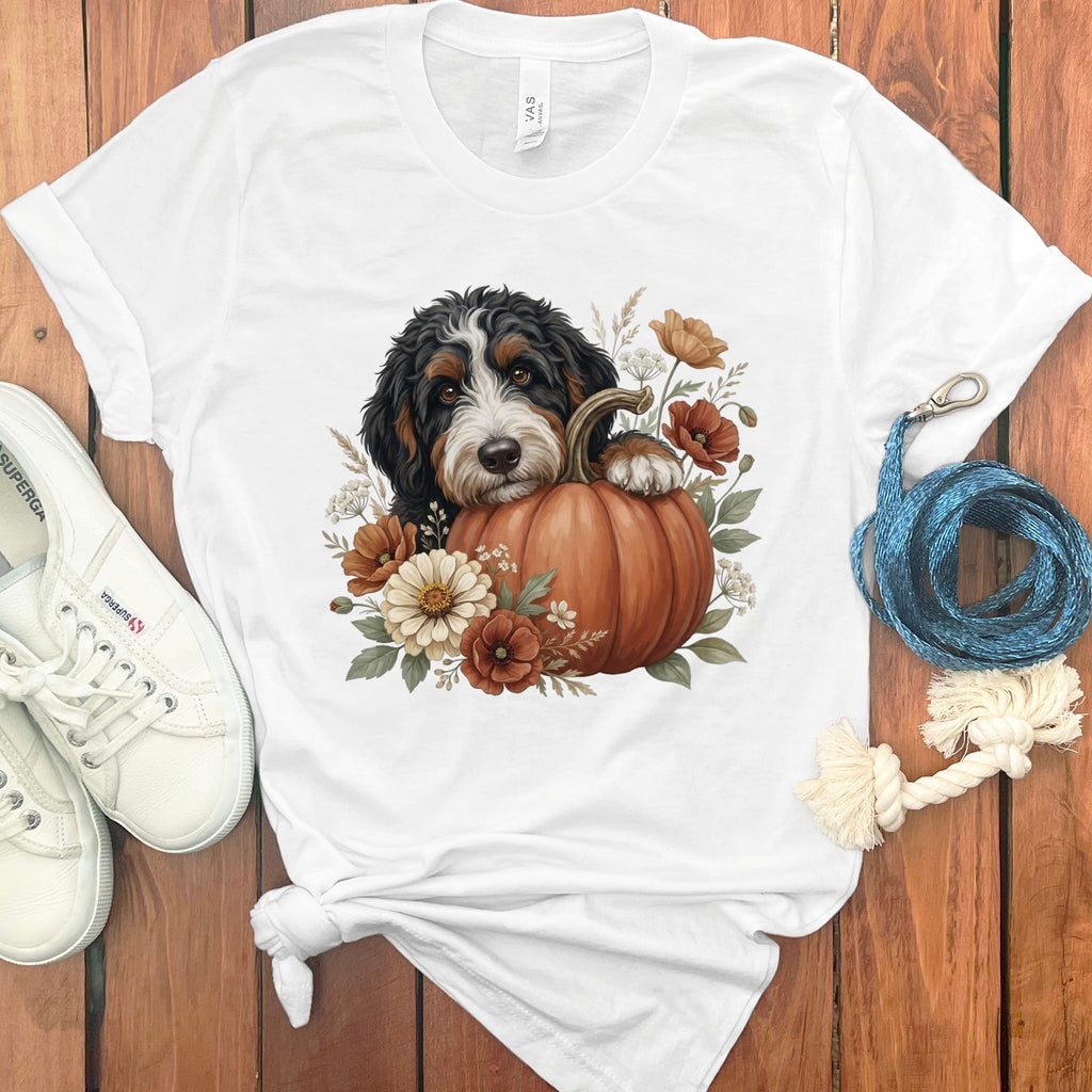 Bernedoodle Pumpkin Hug T-Shirt in White / S by Puppy Jo