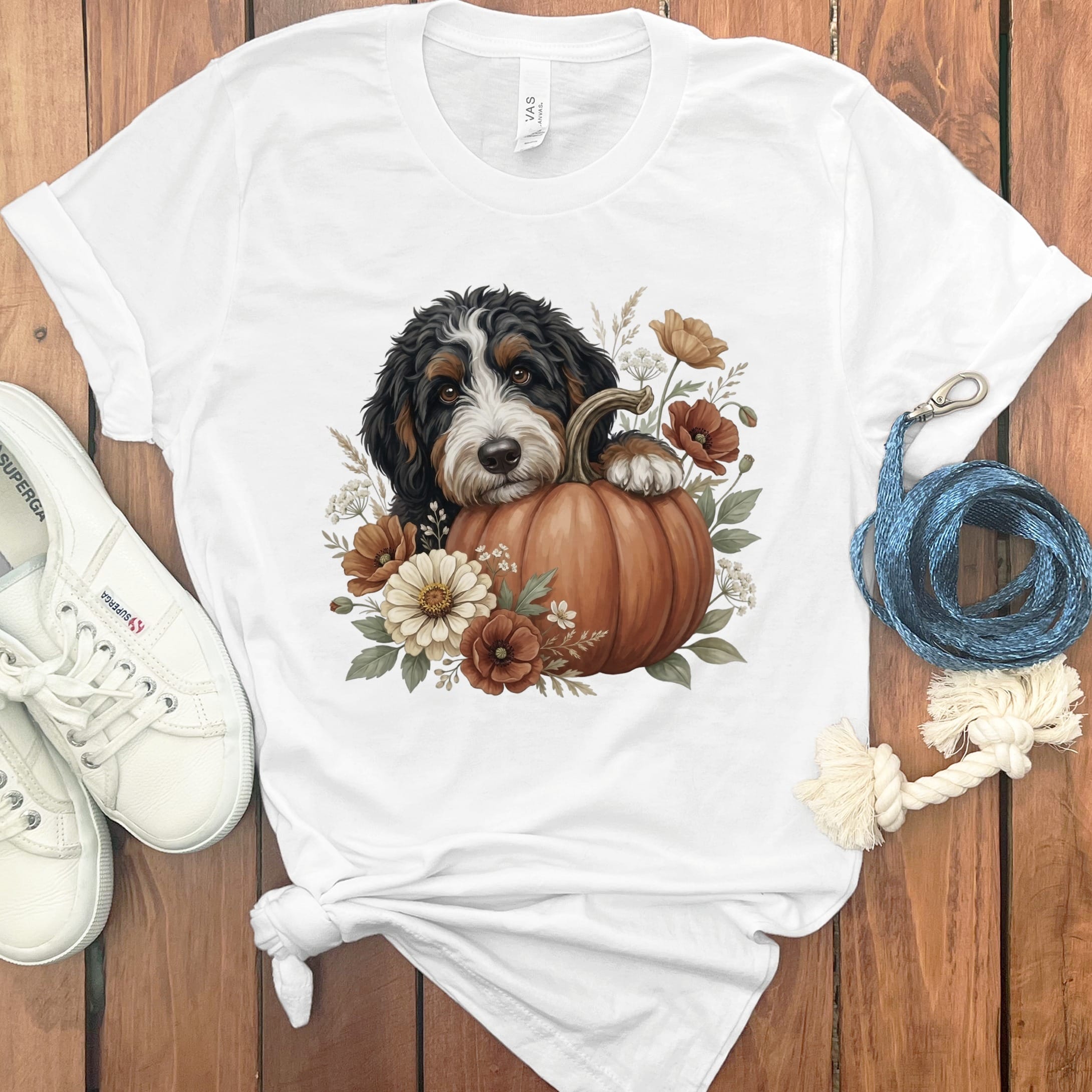 Bernedoodle Pumpkin Hug T-Shirt in White / S by Puppy Jo