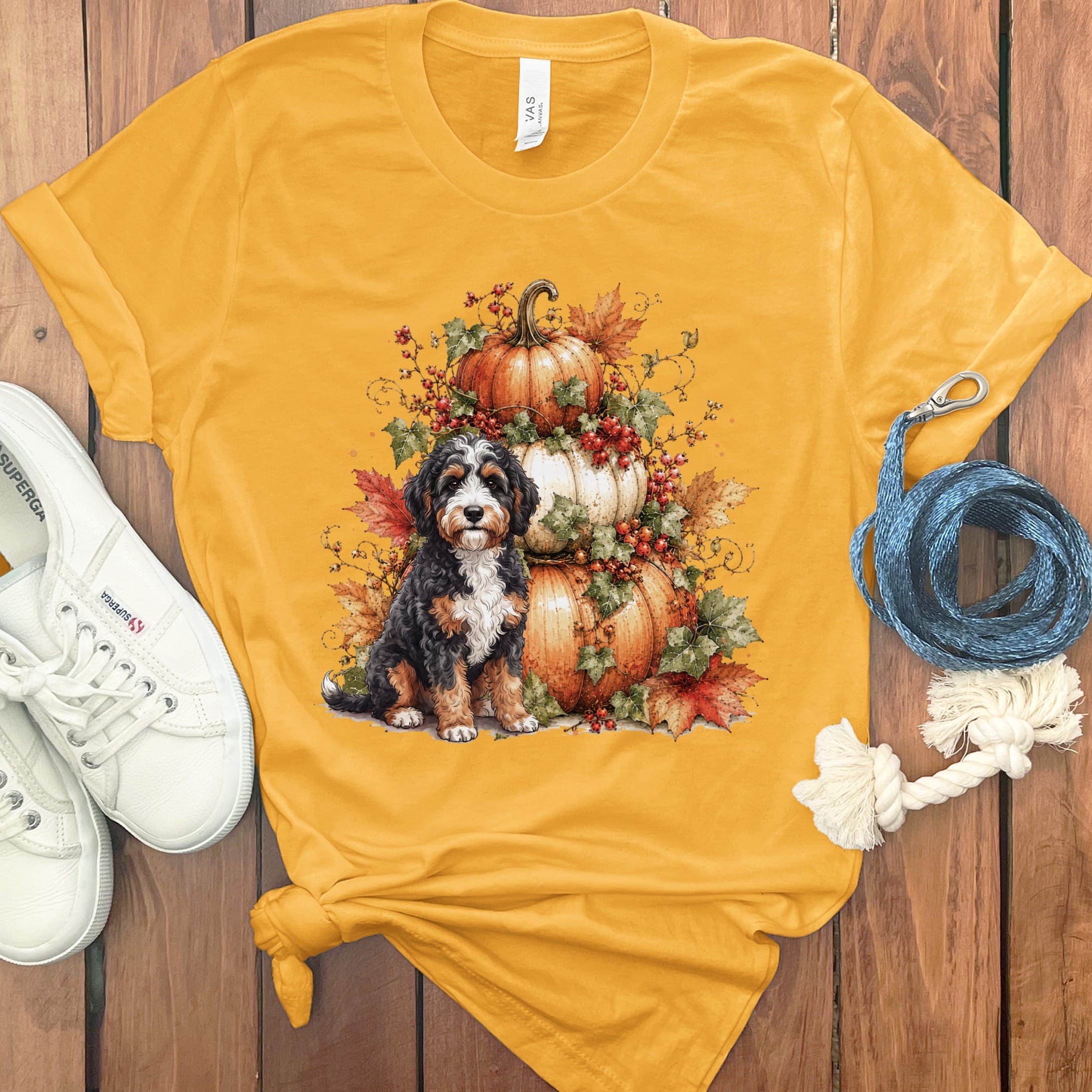 Bernedoodle Pumpkin Ivy T-Shirt in Gold / S by Puppy Jo