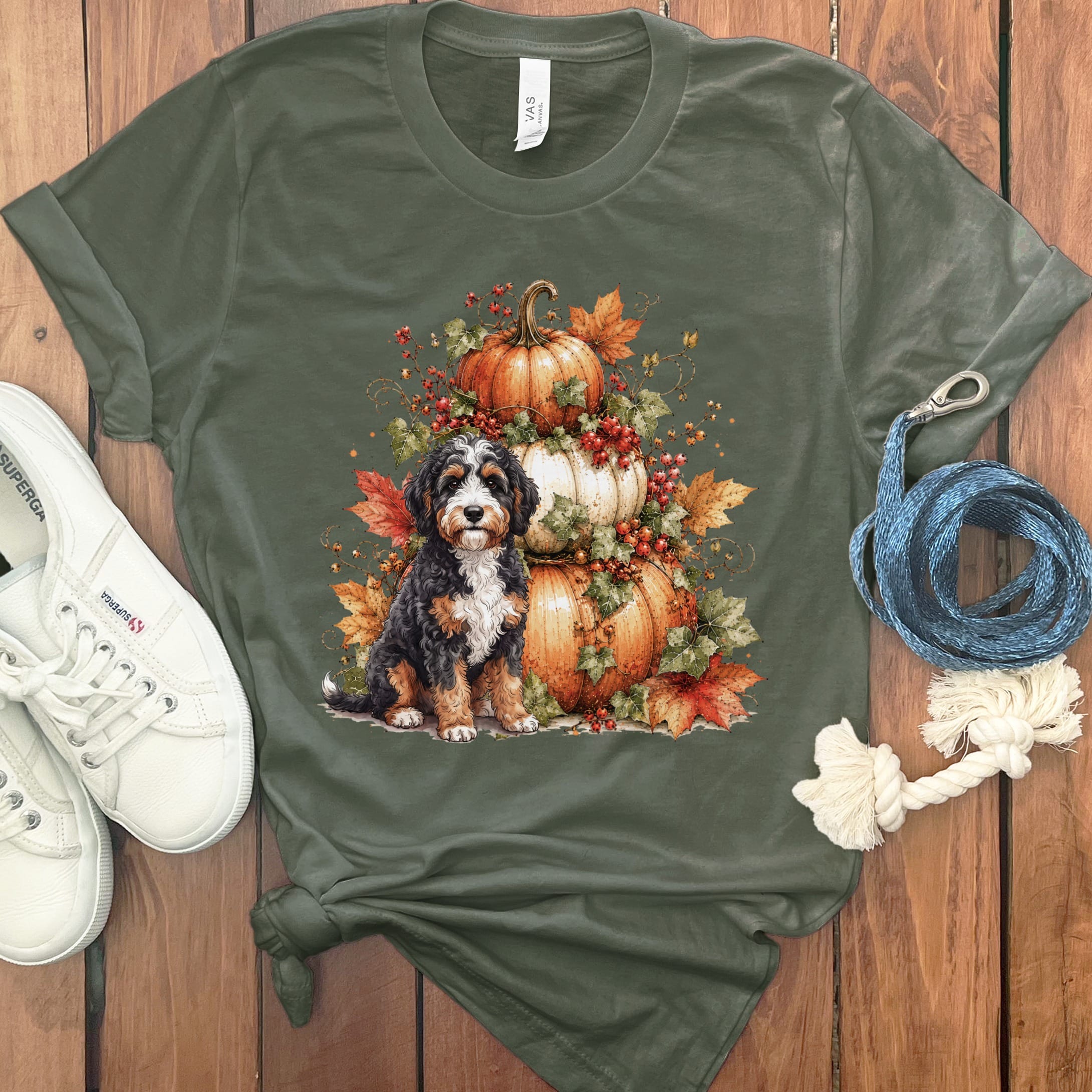 Bernedoodle Pumpkin Ivy T-Shirt in Military Green / S by Puppy Jo