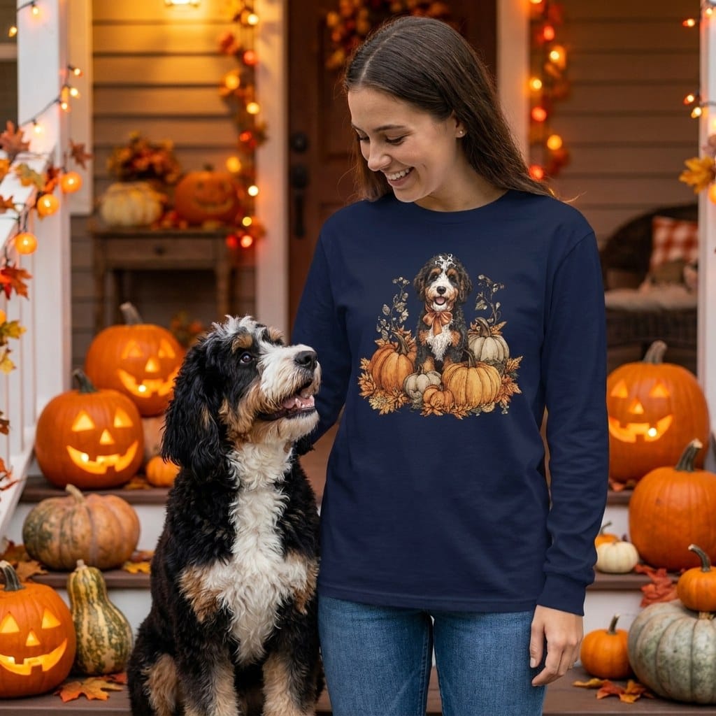 Bernedoodle Pumpkin Time Long Sleeve T-Shirt in by Puppy Jo