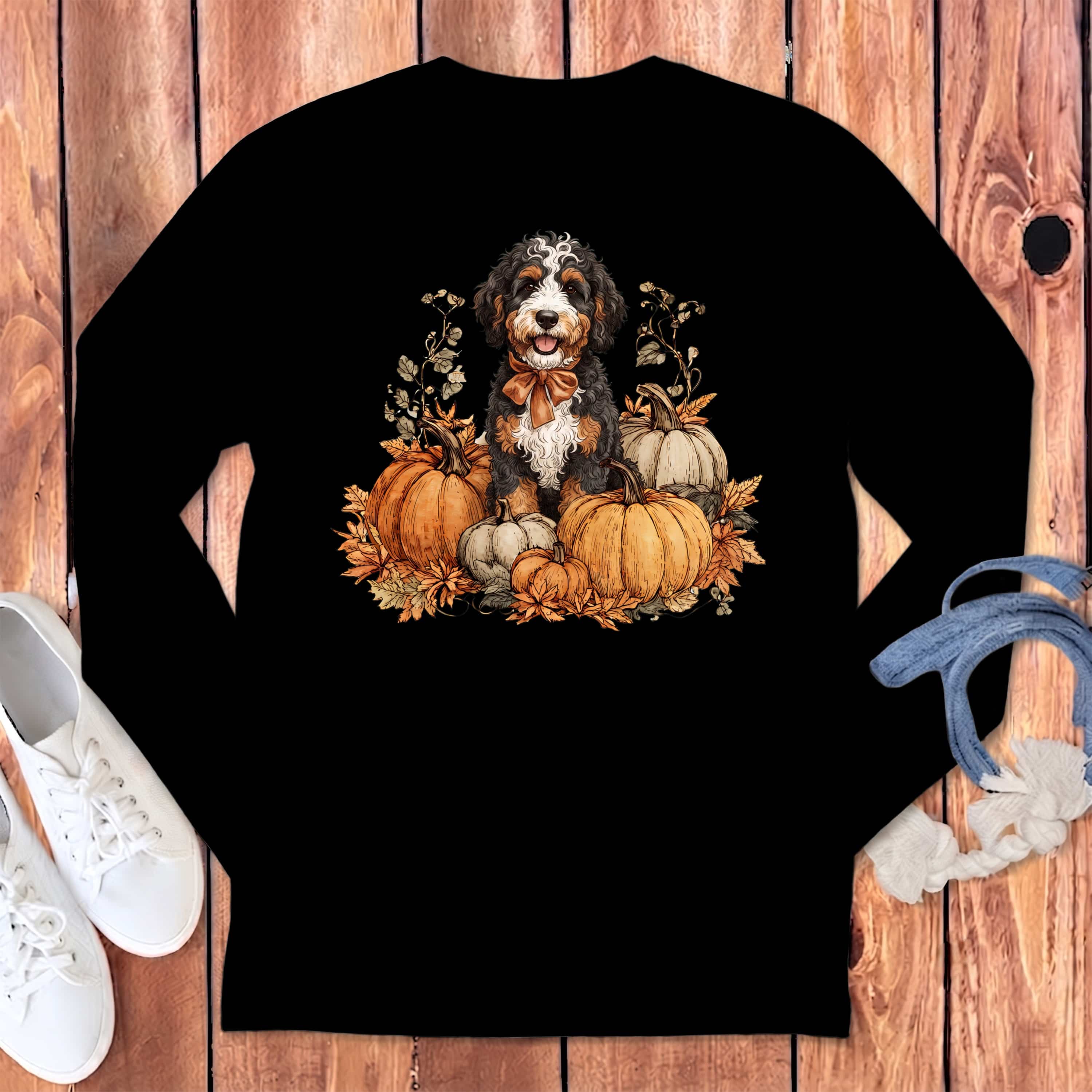 Bernedoodle Pumpkin Time Long Sleeve T-Shirt in S / Black by Puppy Jo